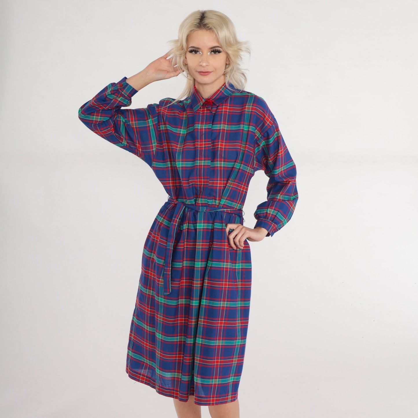 80s Plaid Button-Up Midi Dress High Waist Collared Shirtdress Blue Red Green Medium