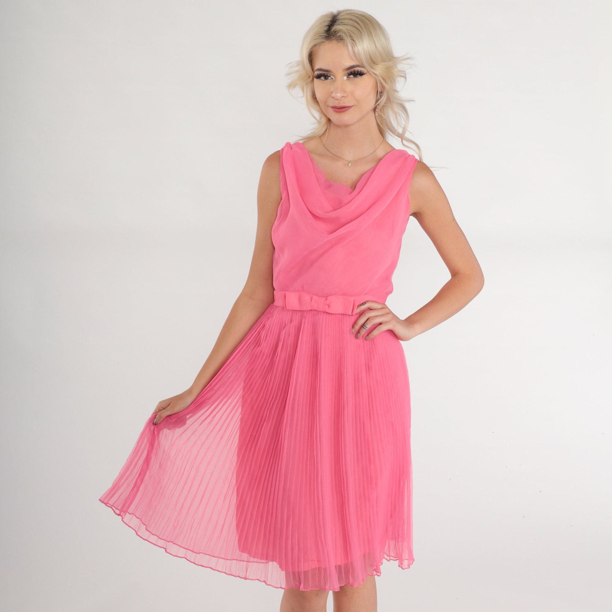 70s Eddie Nober Pink Chiffon Mini Dress Cowl Neck Bow Belt XS