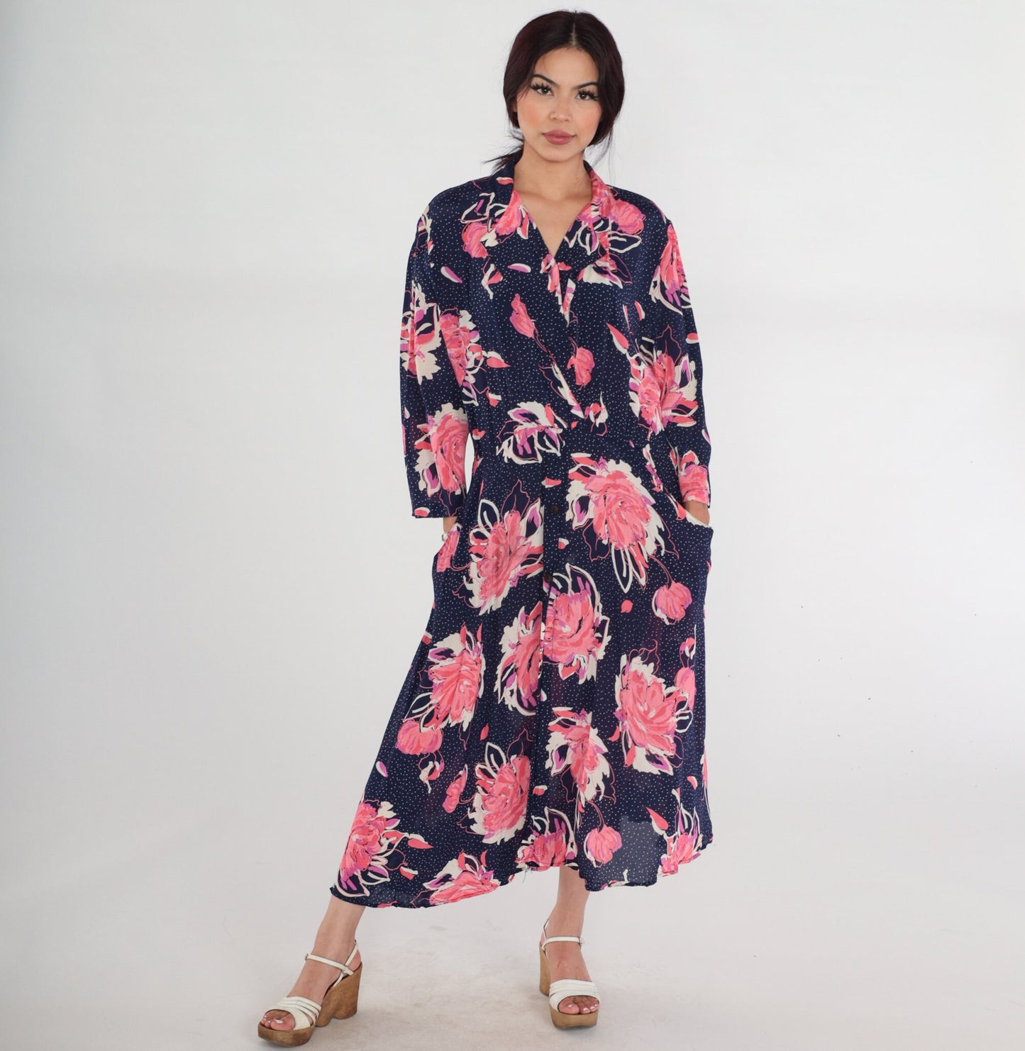 80s Navy Floral Polka Dot Midi Wrap Dress Collared V-Neck 3/4 Sleeve Medium