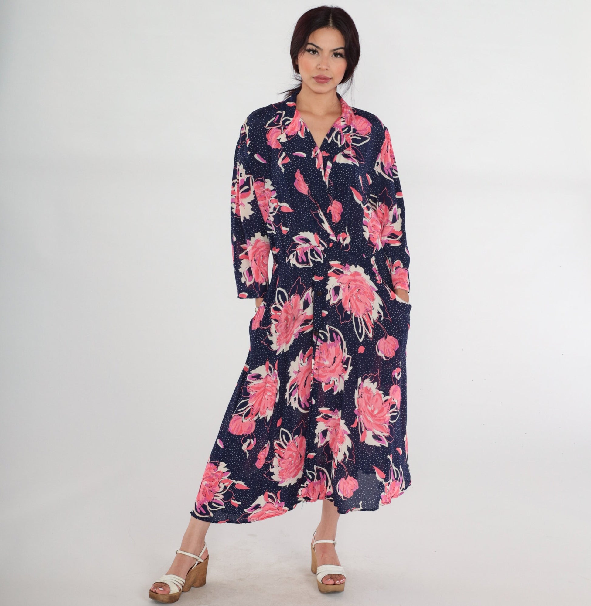 80s Navy Floral Polka Dot Midi Wrap Dress Collared V-Neck 3/4 Sleeve Medium