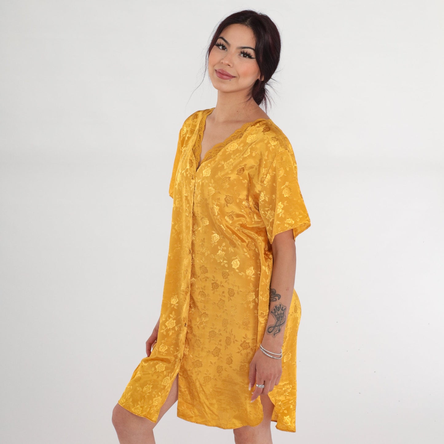 90s Yellow Satin Nightgown Floral Embossed Mini Lace Trim Button-Up Large