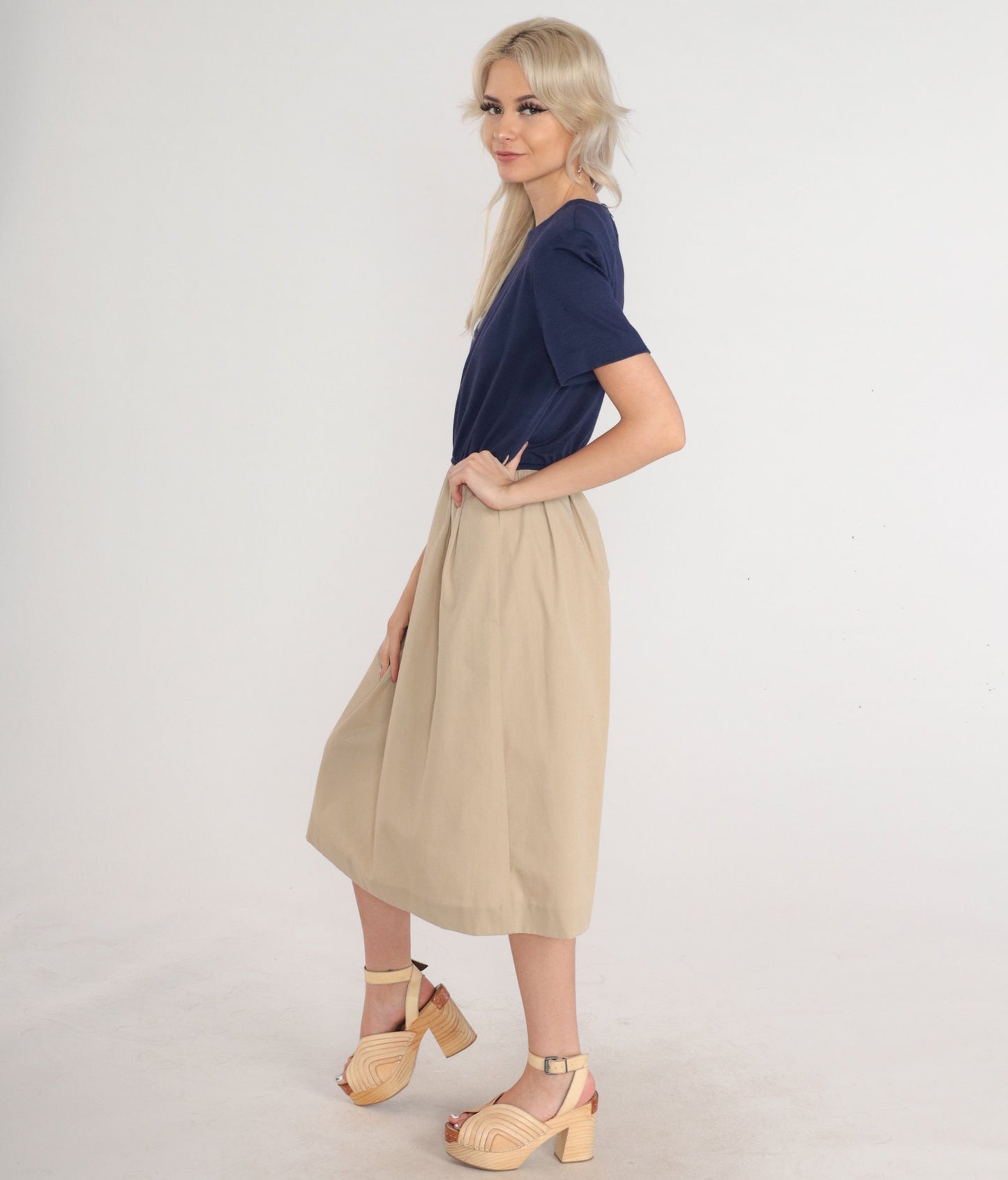 80s Colorblock Midi Dress Navy Tan High Waist Short Sleeve Medium