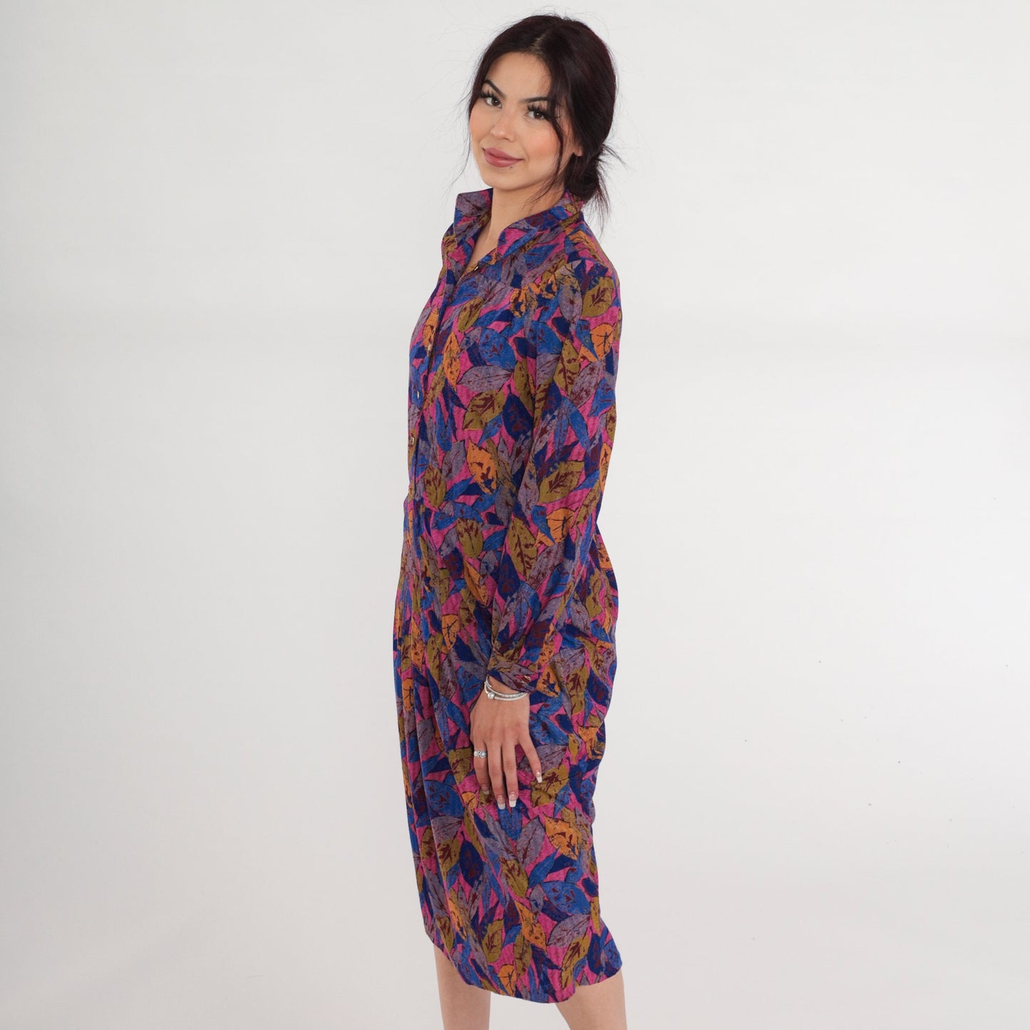 90s Leaf Print Midi Shirtwaist Dress Collared Button-Up Pink Blue Green Medium