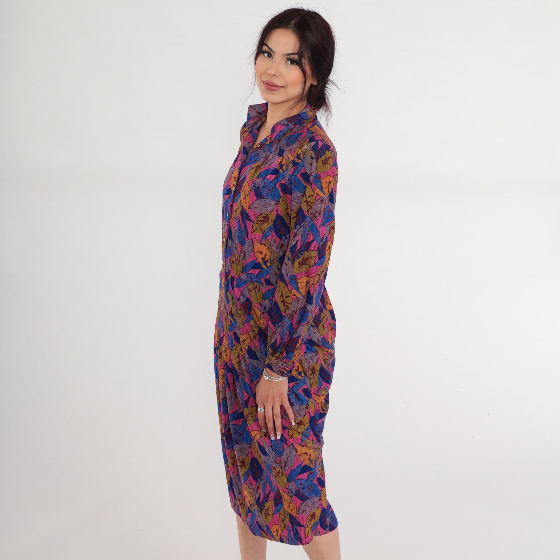90s Leaf Print Midi Shirtwaist Dress Collared Button-Up Pink Blue Green Medium