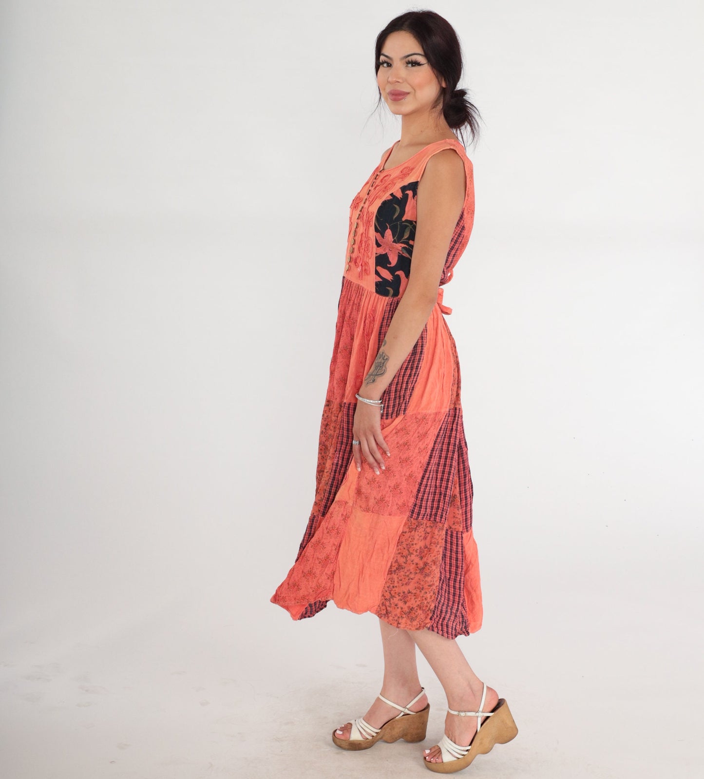 90s Indian Embroidered Patchwork Midi Dress Floral Plaid Rayon Sleeveless Medium