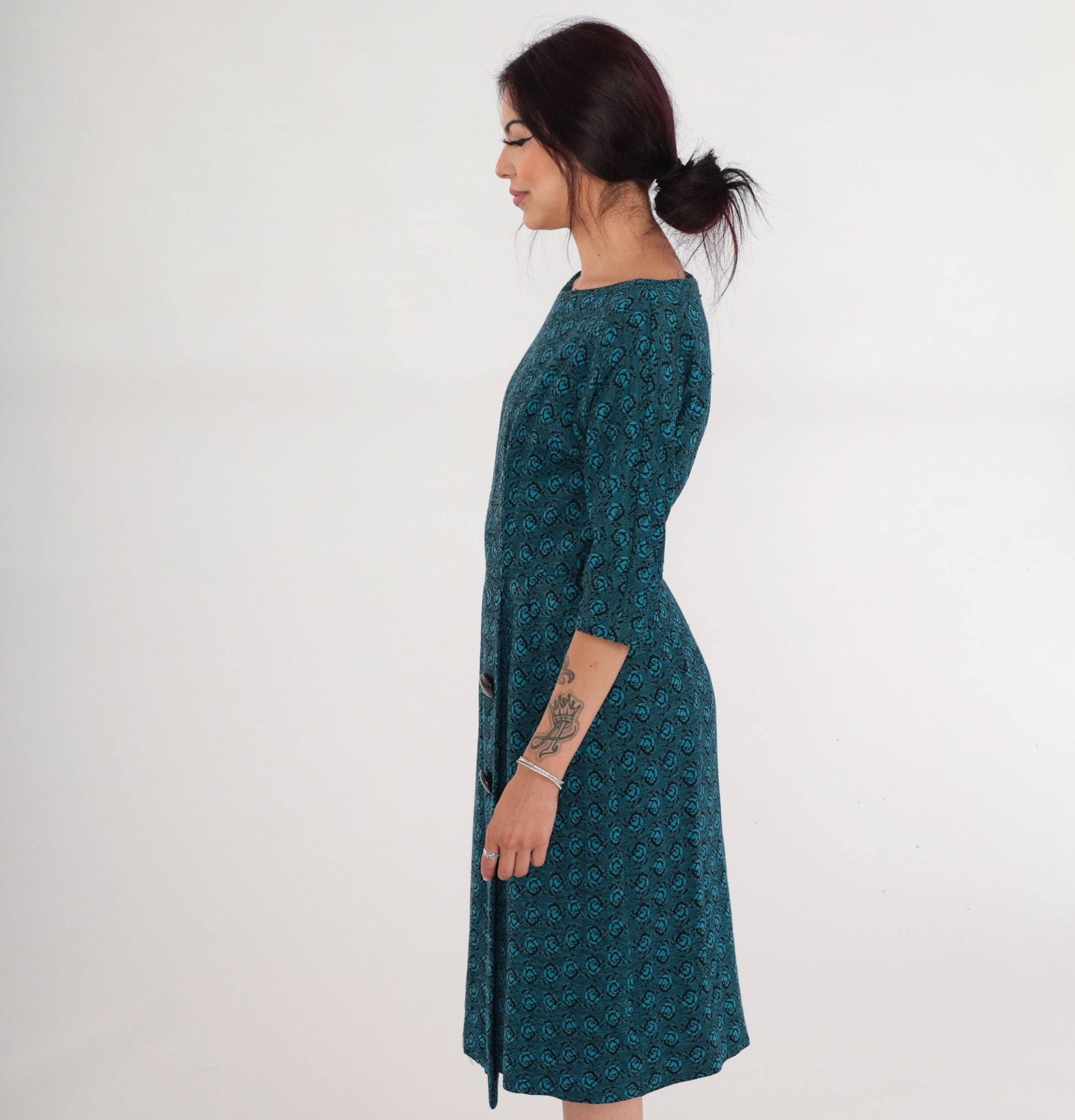 60s Blue Floral Rose Print Wool Blend Midi Dress High Waisted Small
