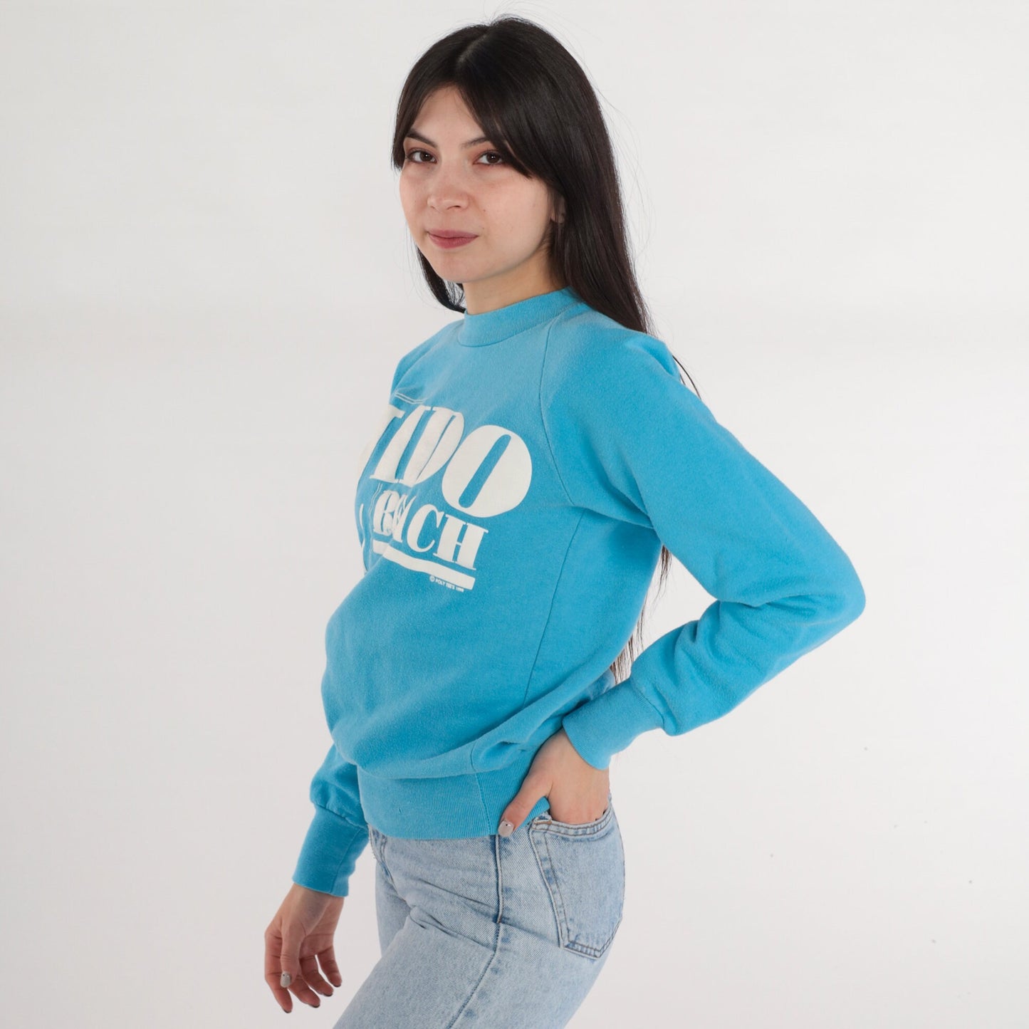 80s Lido Beach Sarasota Florida Raglan Sweatshirt Blue Graphic Small