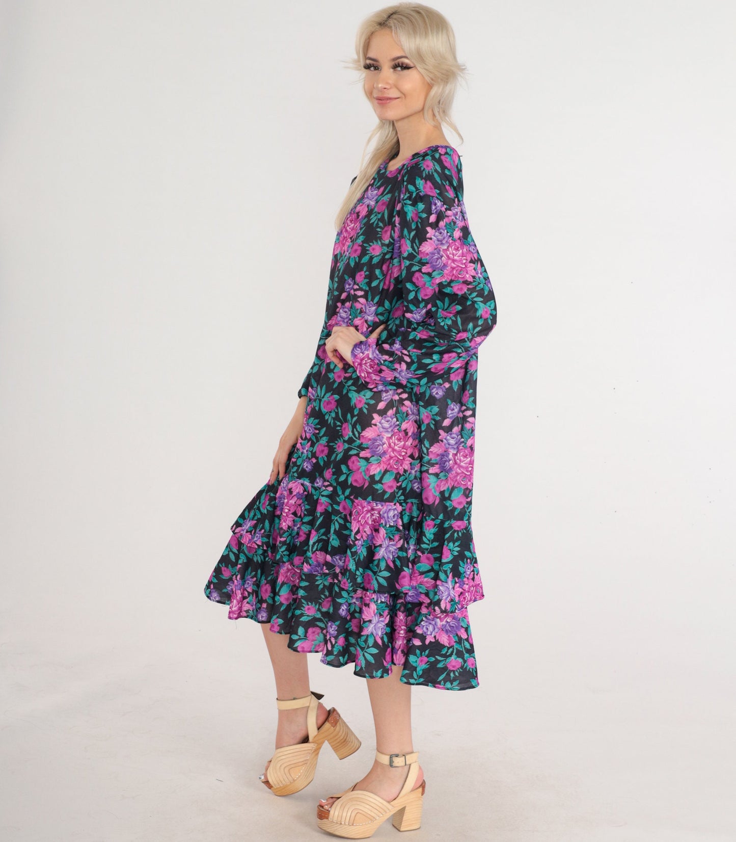 80s Floral Midi Dress Puff Sleeve Tiered Ruffle Black Pink Purple Plus Size 24