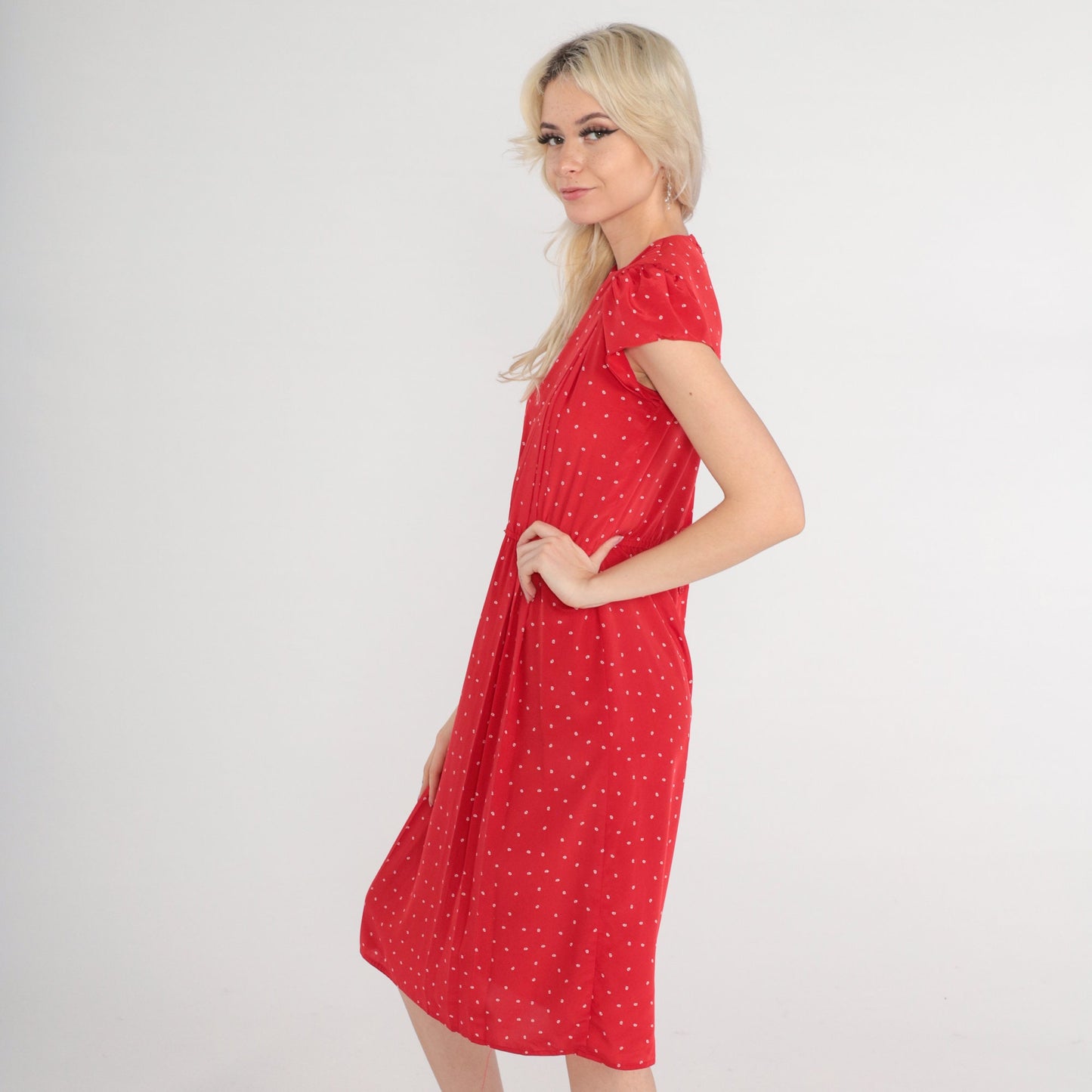 80s Red Sailboat Print Midi Dress Cap Puff Sleeve High Waist Extra Small