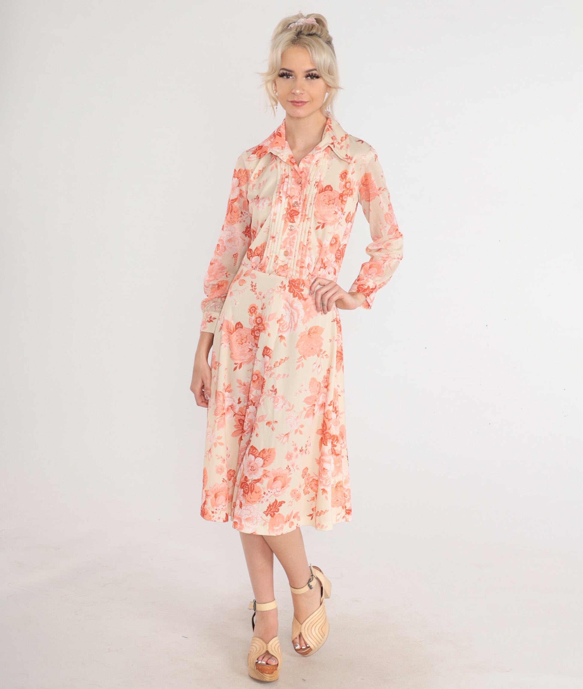 70s Floral Shirtwaist Midi Dress Cream Pink Rose Print Button Up Small