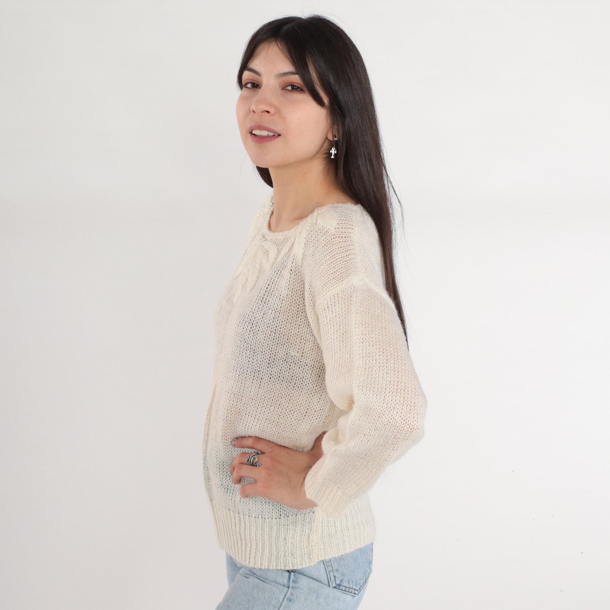 80s Pearl Beaded Off-White Knit Sweater Leaf Embroidered Pullover Medium