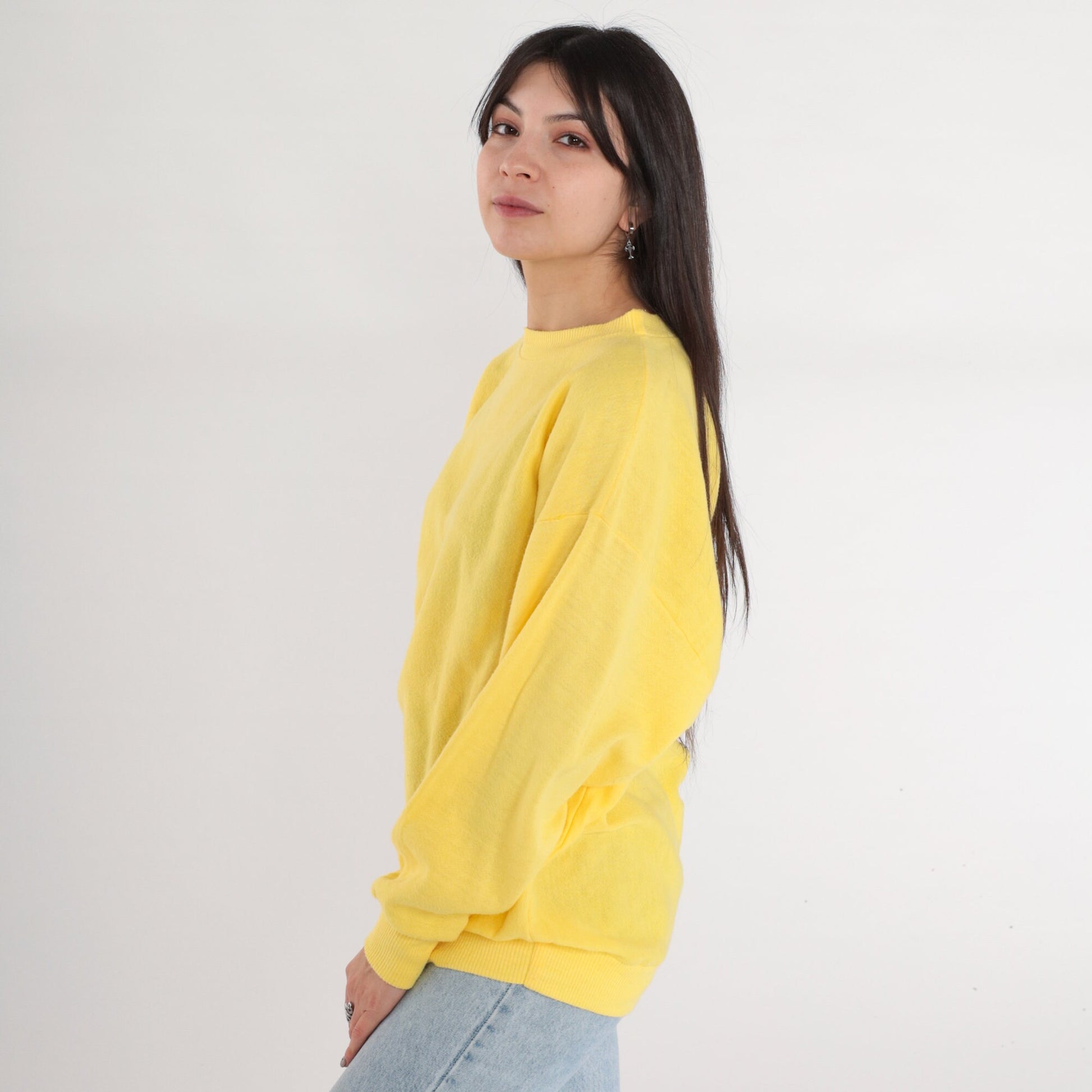 80s Yellow Crewneck Sweatshirt Plain Pullover Large L