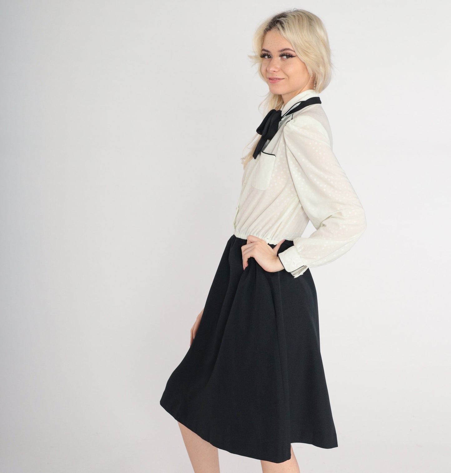 80s Black Off-White Polka Dot Puff Sleeve Mini Shirtdress Ascot Tie Small