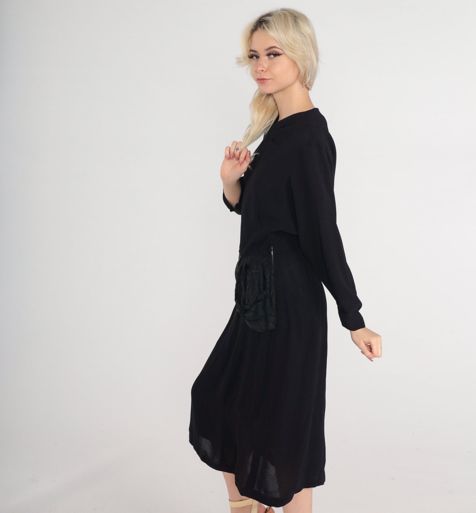 1940s Black Peplum Midi Dress Long Sleeve Metal Zipper Small