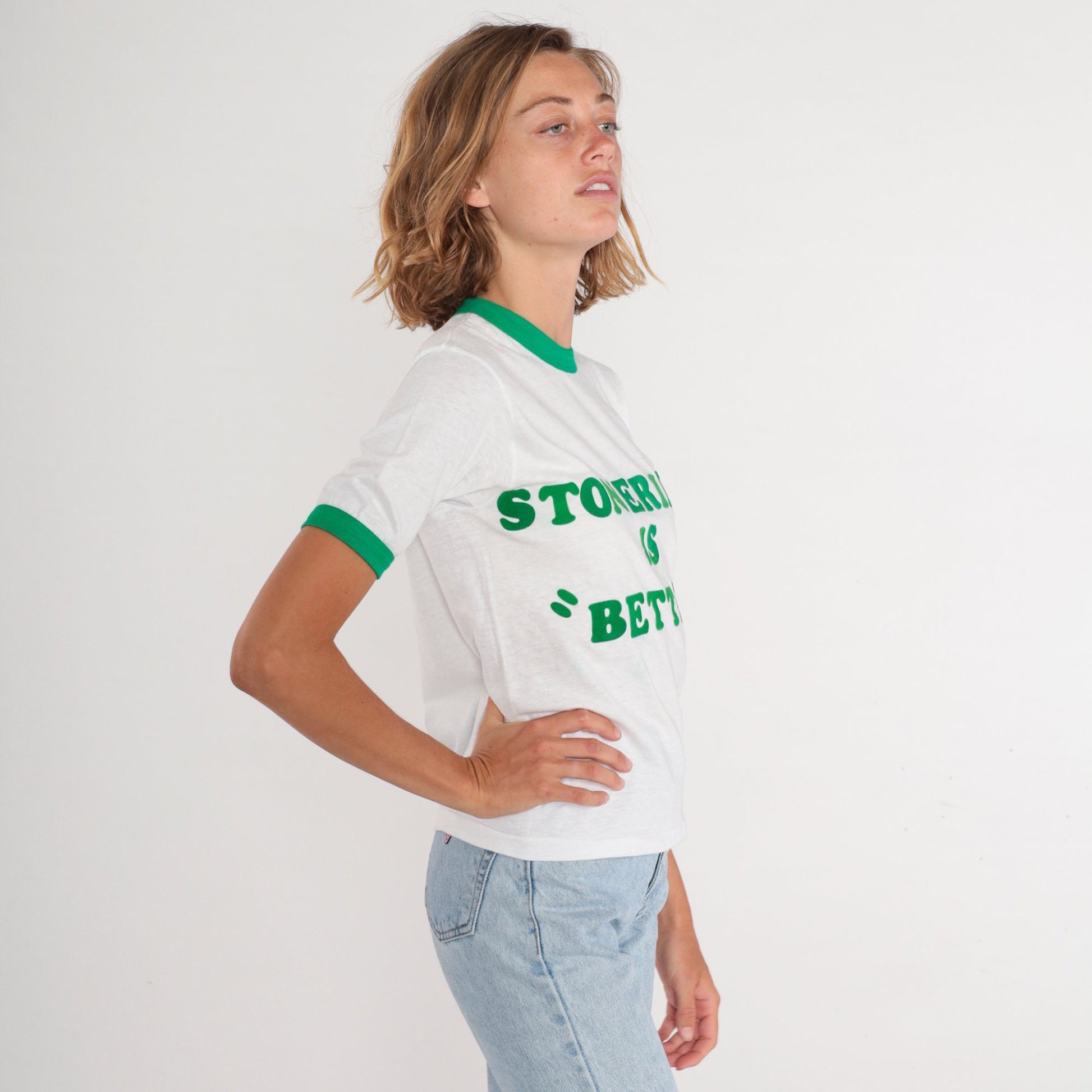 80s Stoneridge is Better Ringer Tee White Green Graphic T-Shirt Extra Small