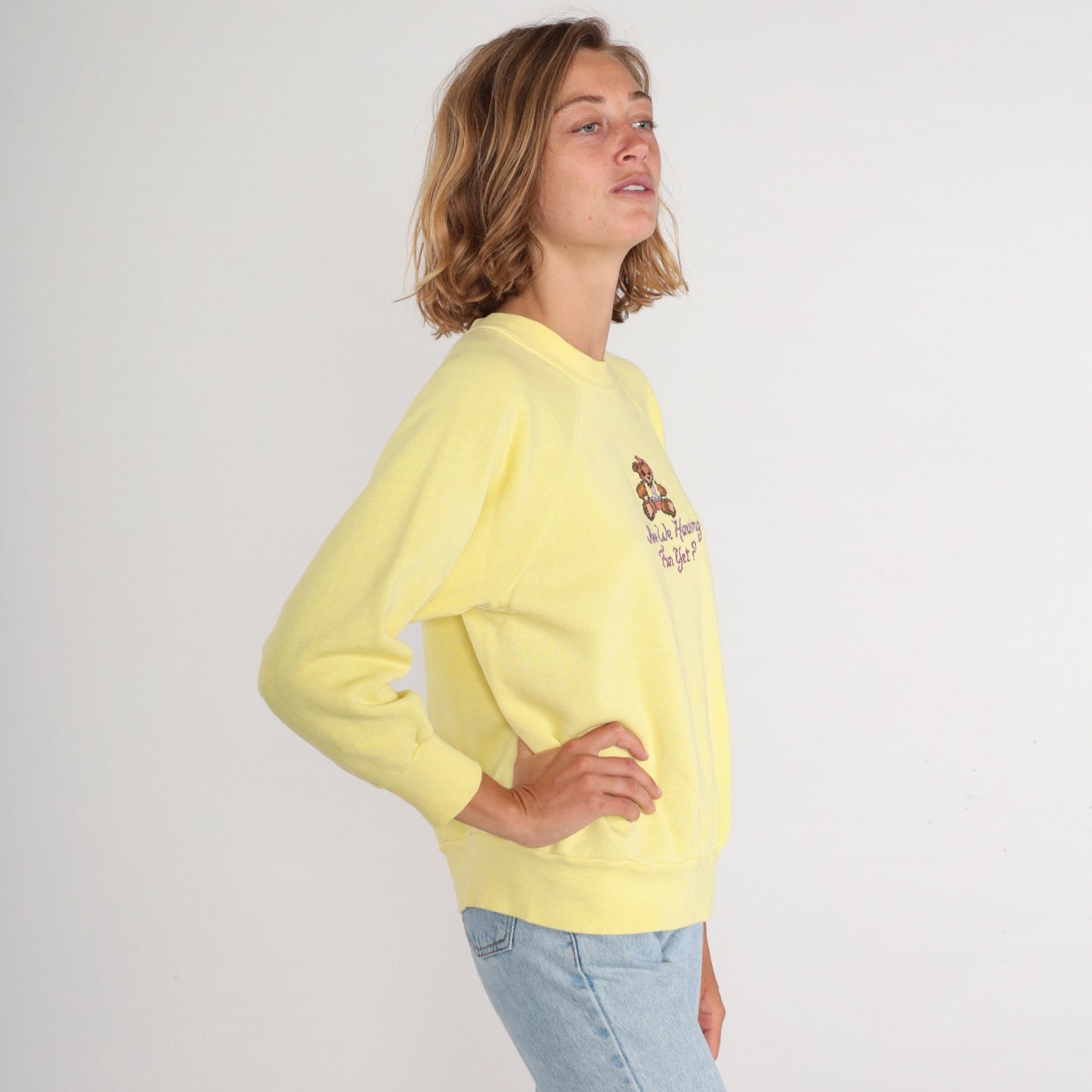 80s Teddy Bear Sweatshirt Yellow Raglan Graphic Crewneck 1X