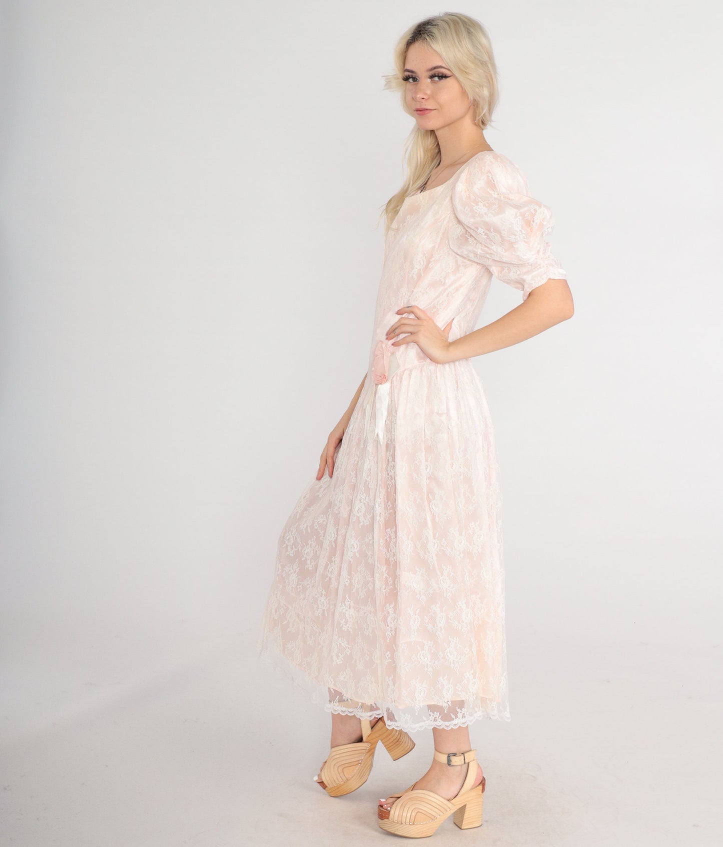 80s Gunne Sax Midi Dress Pink Lace Puff Sleeve Basque Waist Medium