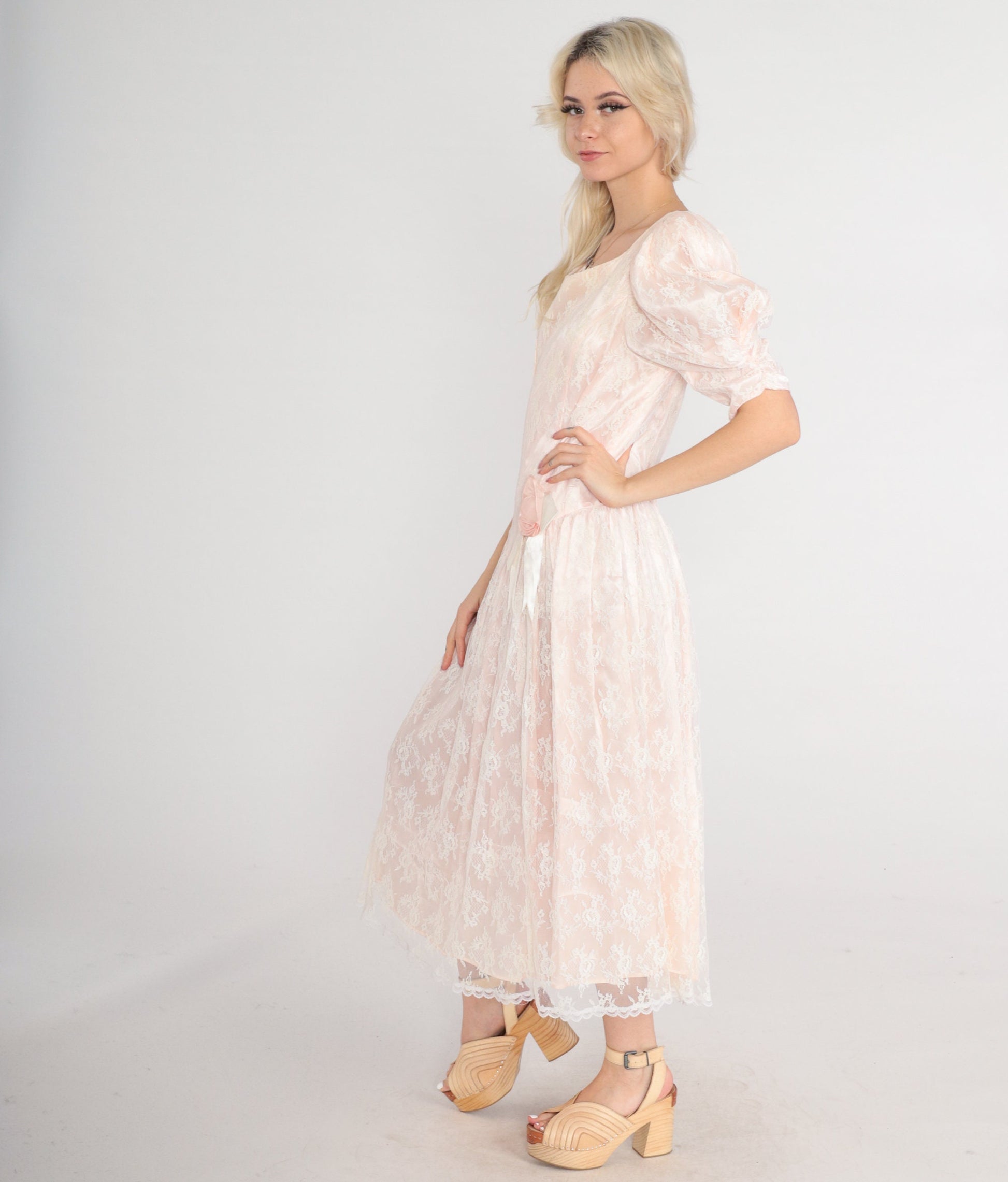 80s Gunne Sax Midi Dress Pink Lace Puff Sleeve Basque Waist Medium