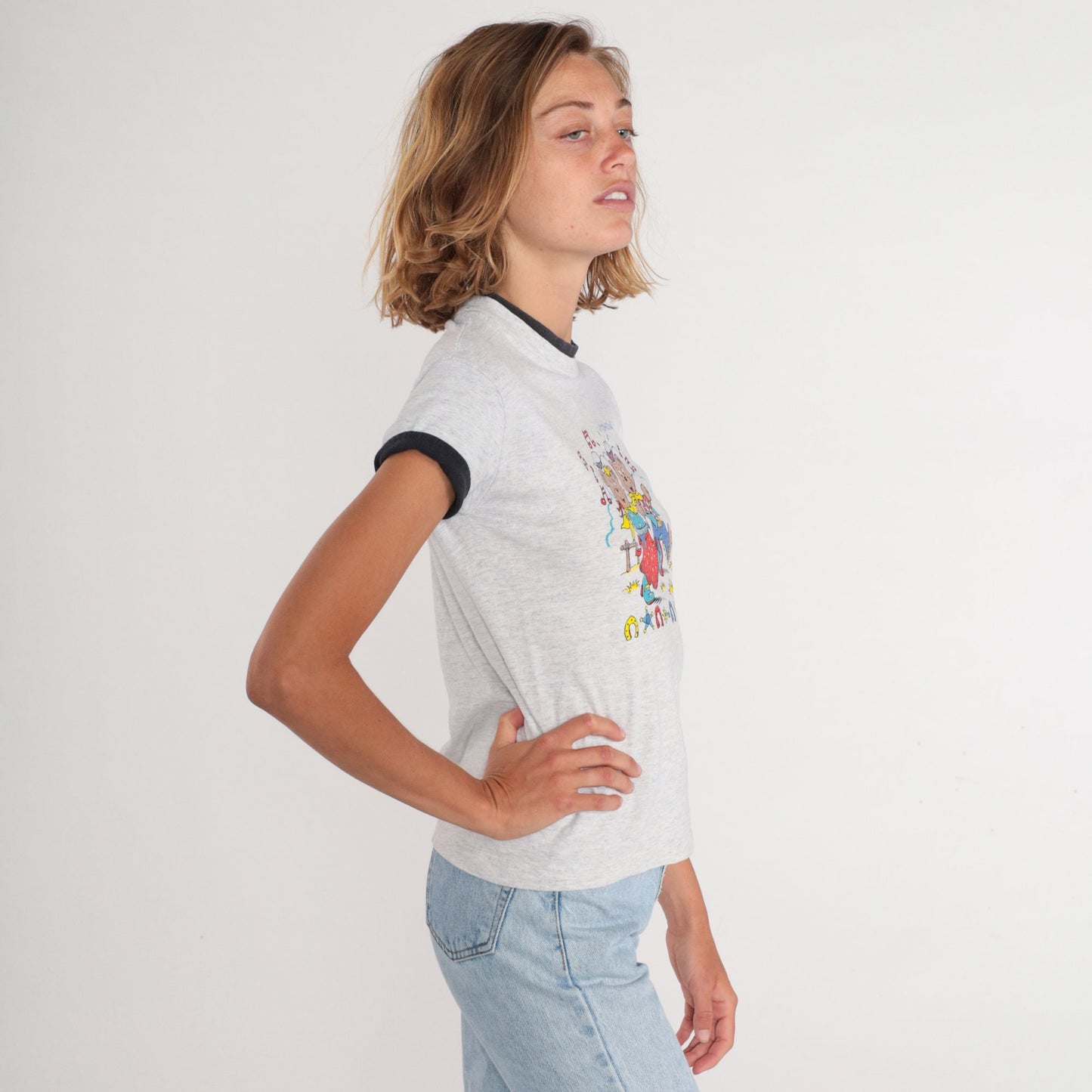 90s Wyoming Cowboy Teddy Bear Graphic T-Shirt Heather Grey Cuffed Sleeve XXS