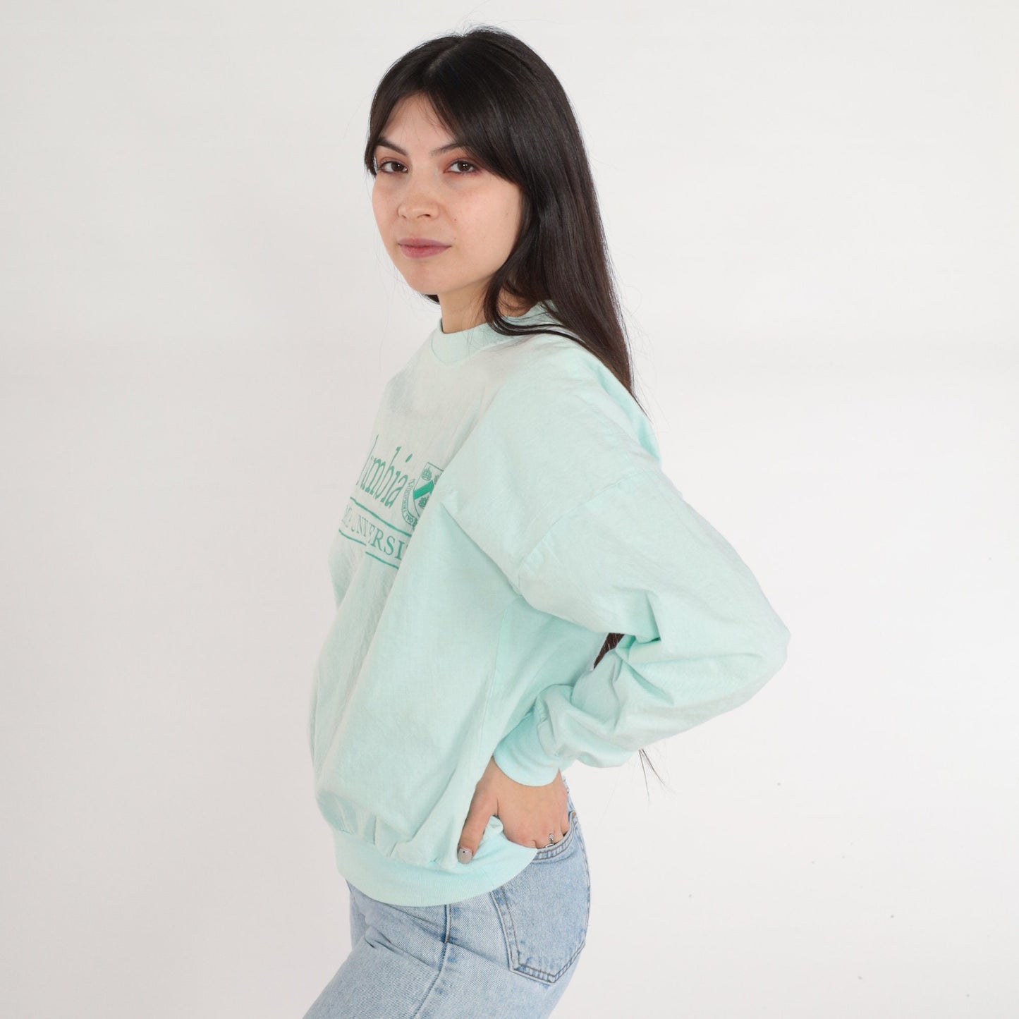 90s Columbia University Aqua Cotton Crewneck Sweatshirt Small Medium