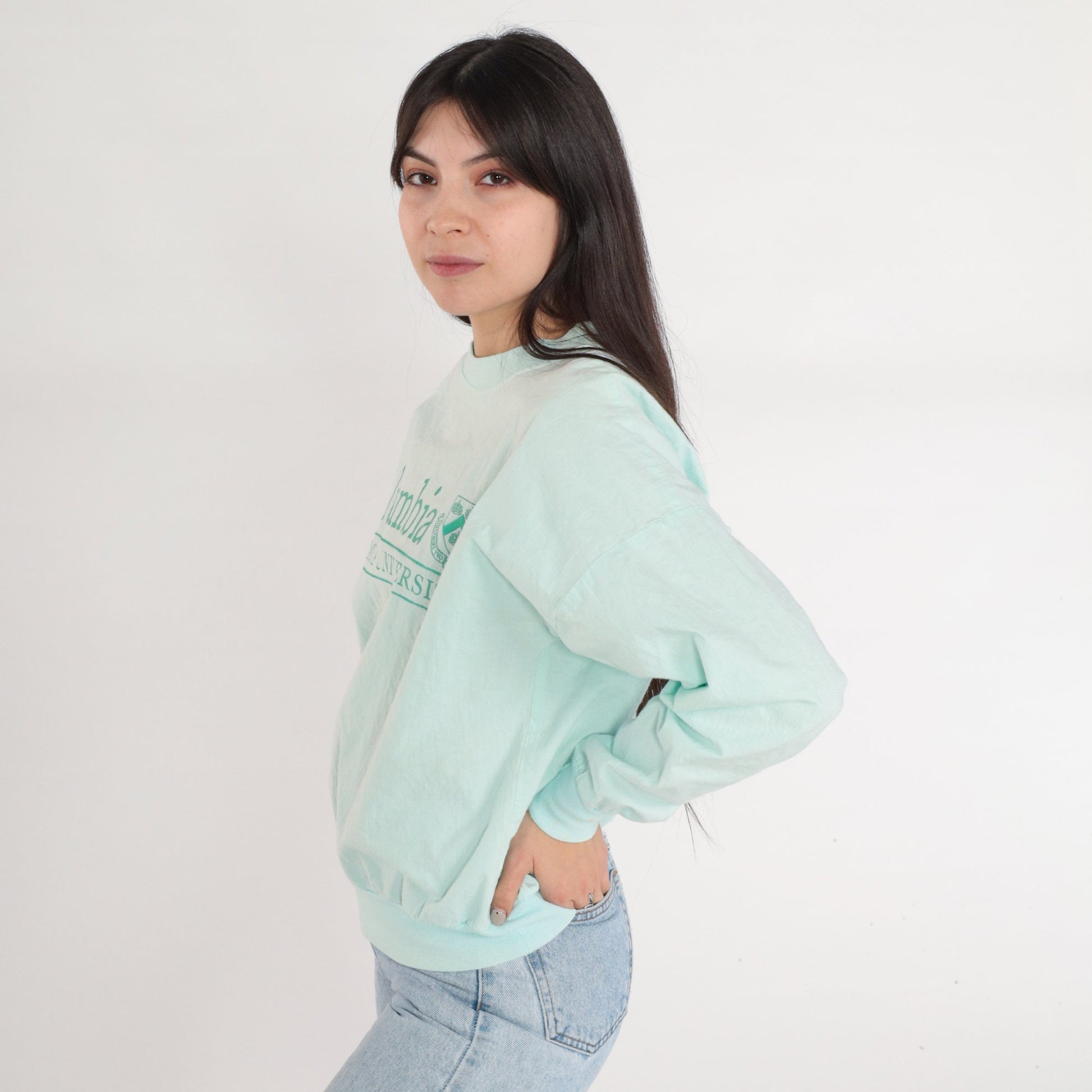 90s Columbia University Aqua Cotton Crewneck Sweatshirt Small Medium