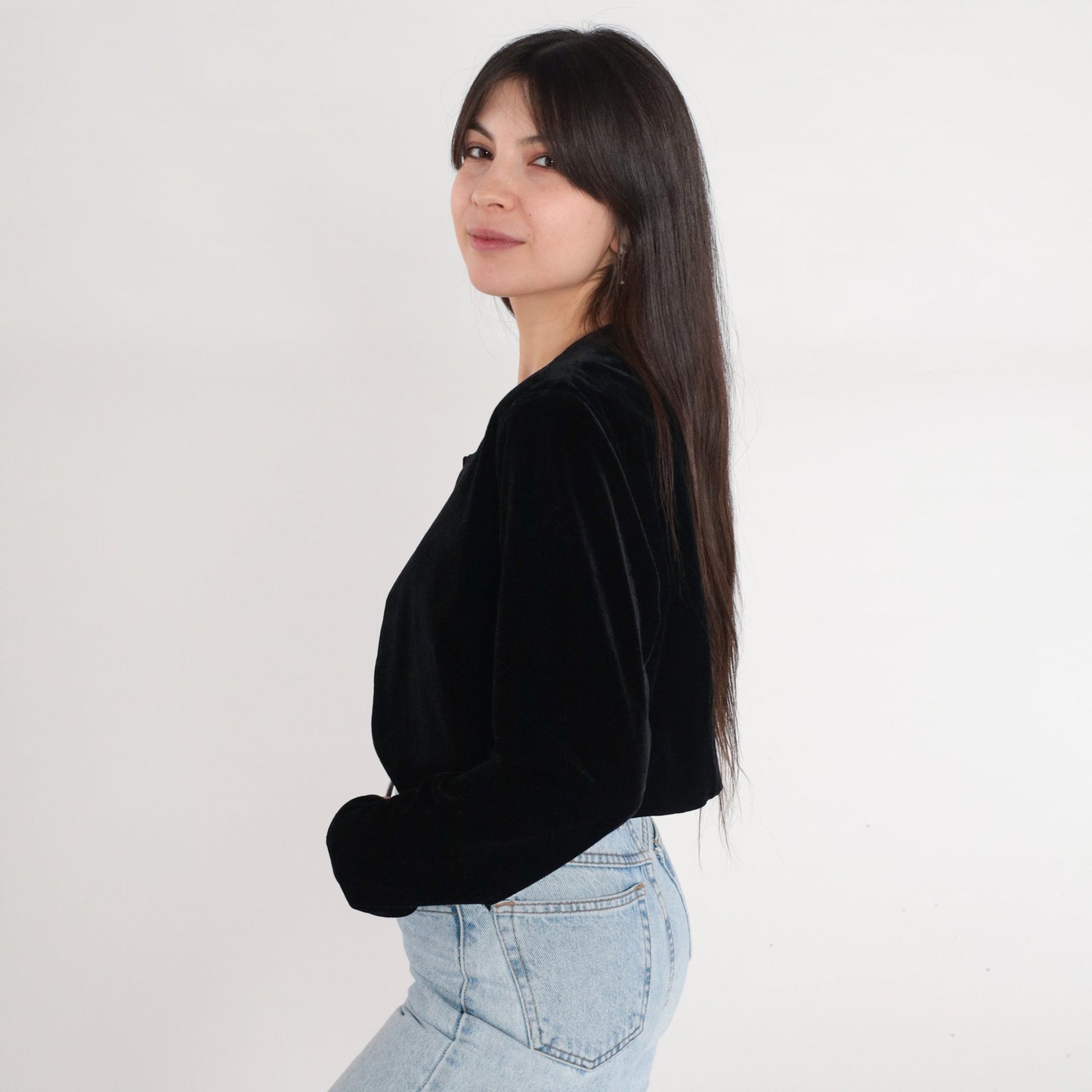 80s Black Velvet Blazer Open Front Single Hook Tailored Small