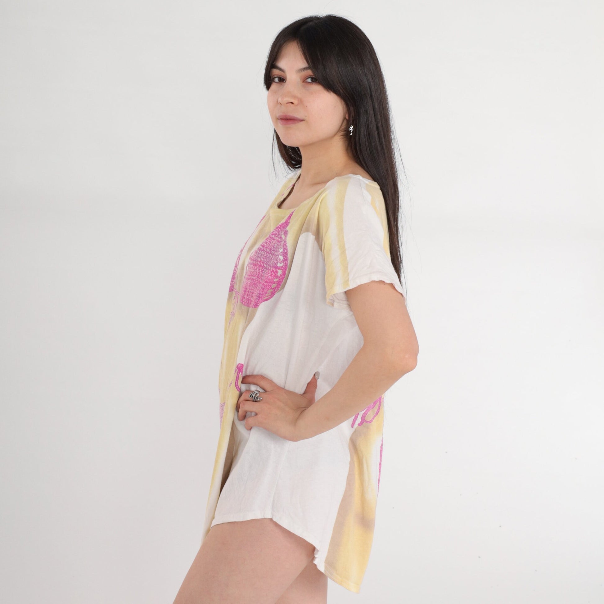 90s Airbrushed Bikini Body Graphic T-Shirt Dress Bird Legs Mini Cotton