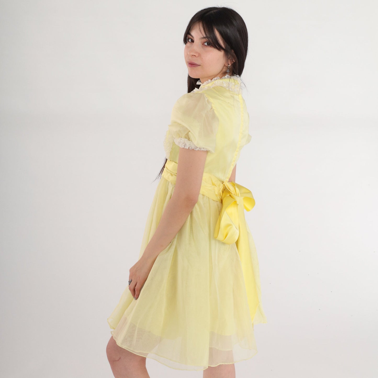 60s Yellow Mini Dress Empire Waist Puff Sleeve Lace Trim XXS