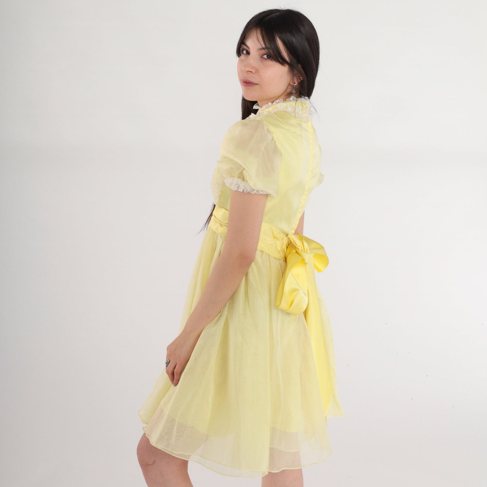 60s Yellow Mini Dress Empire Waist Puff Sleeve Lace Trim XXS