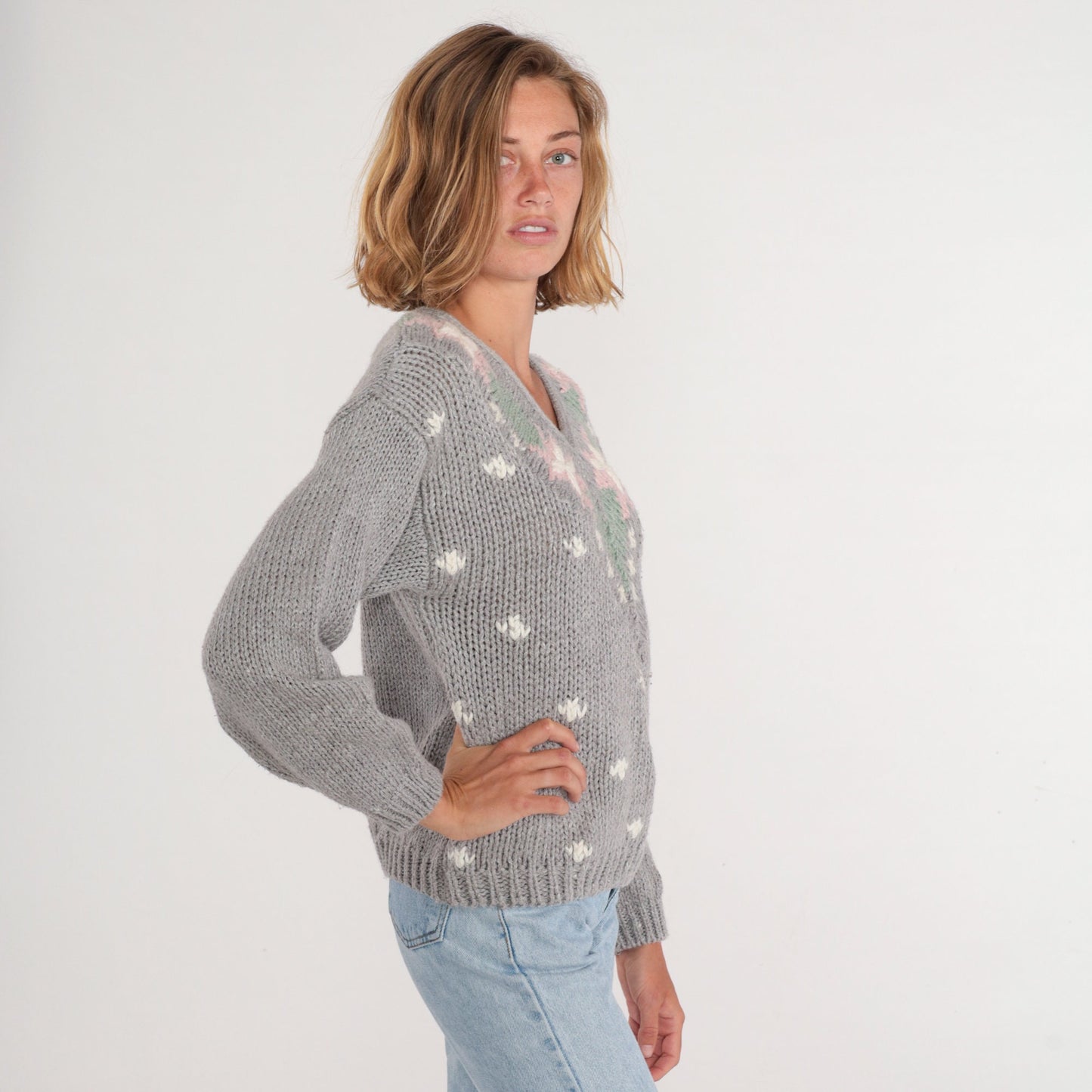 90s Grey Floral V-Neck Knit Sweater Pink Flower Pullover Large