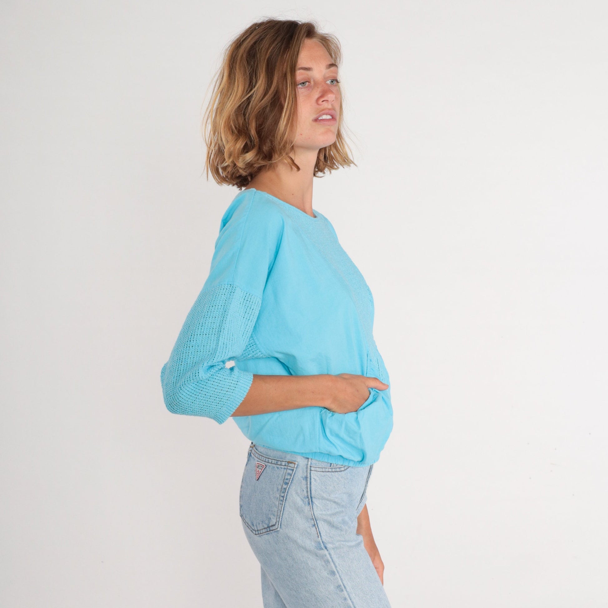 80s Blue Mesh Shirt 3/4 Sleeve Sheer Pocket Blouse Banded Hem Large L