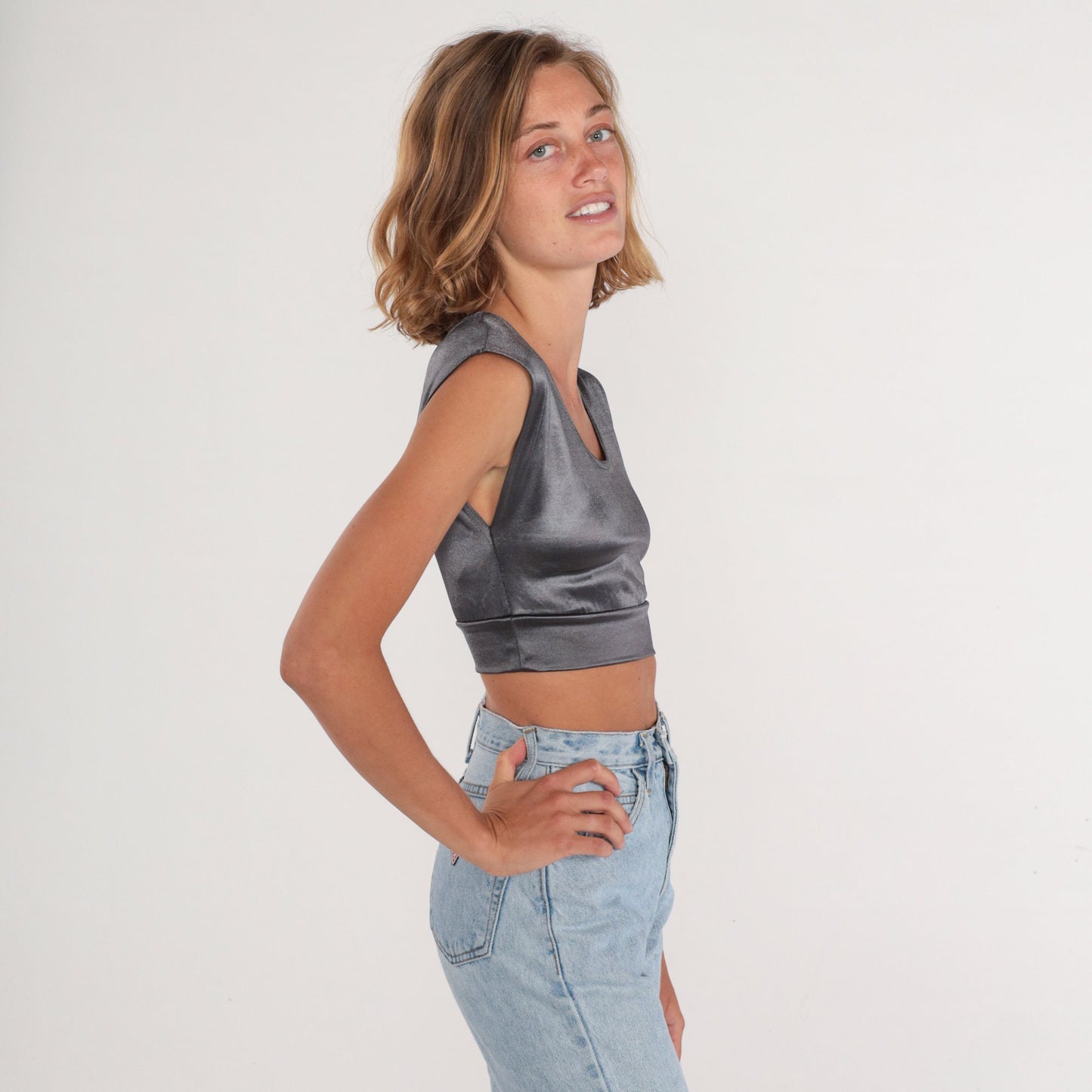 90s Contempo Casual Silver Metallic Crop Top Cap Sleeve Scoop Neck XS