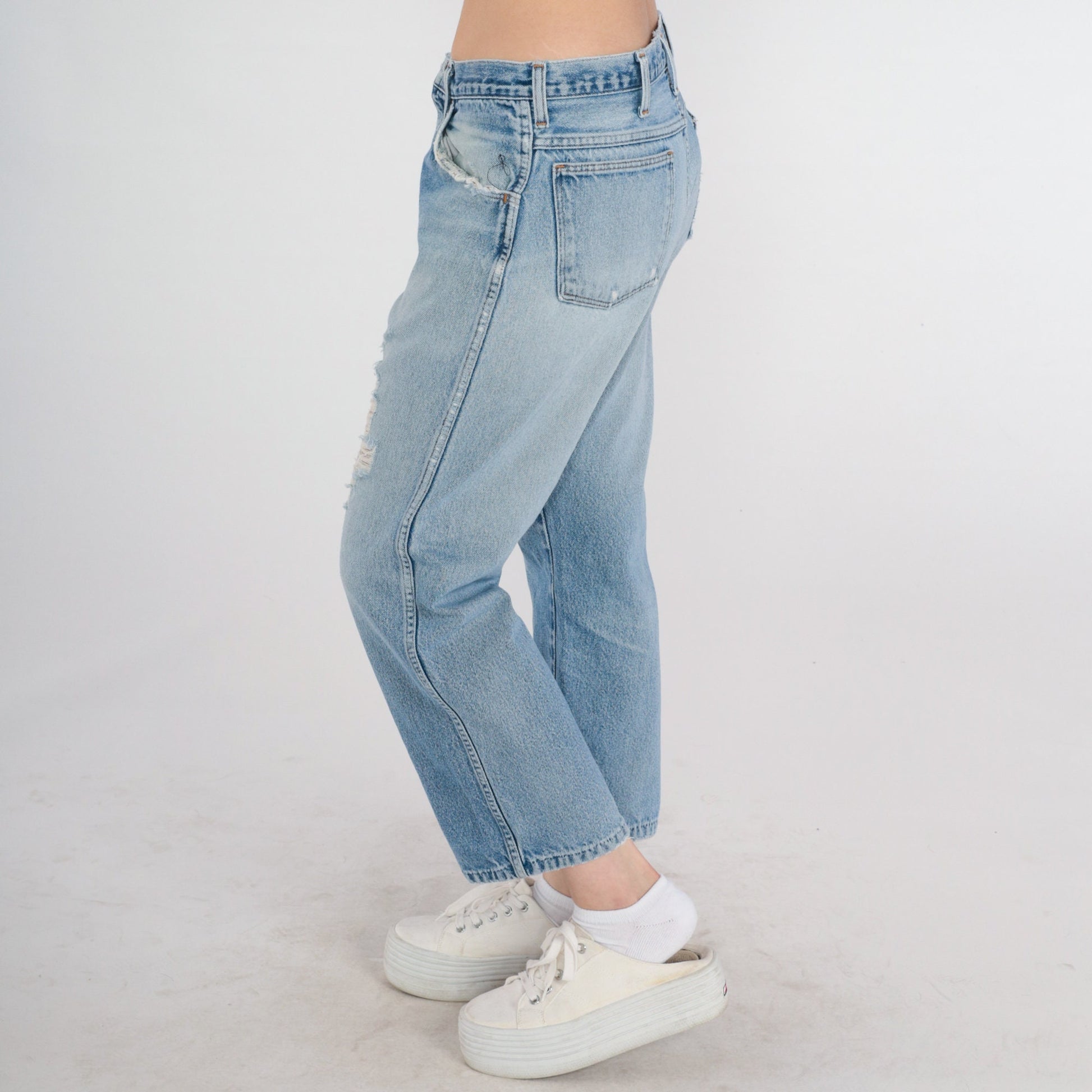 90s Rustler Ripped Blue Denim Jeans Mid Rise Straight Ankle Large