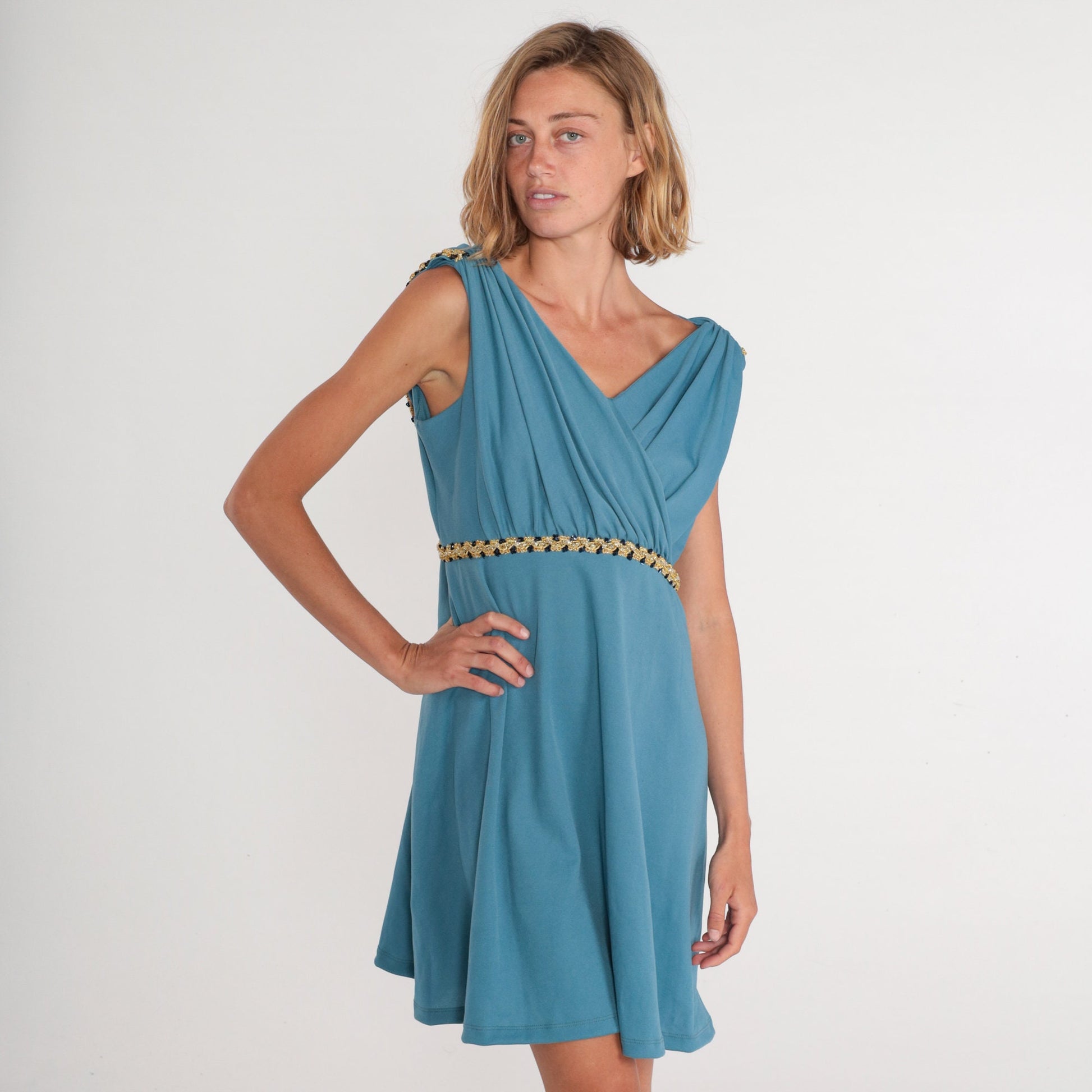 70s Blue Grecian Mini Dress Empire Waist Draped Cape Back Large