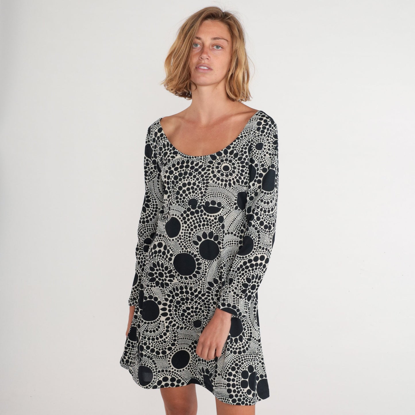 70s Mod Mini Dress Black White Abstract Dot Print Long Sleeve Medium