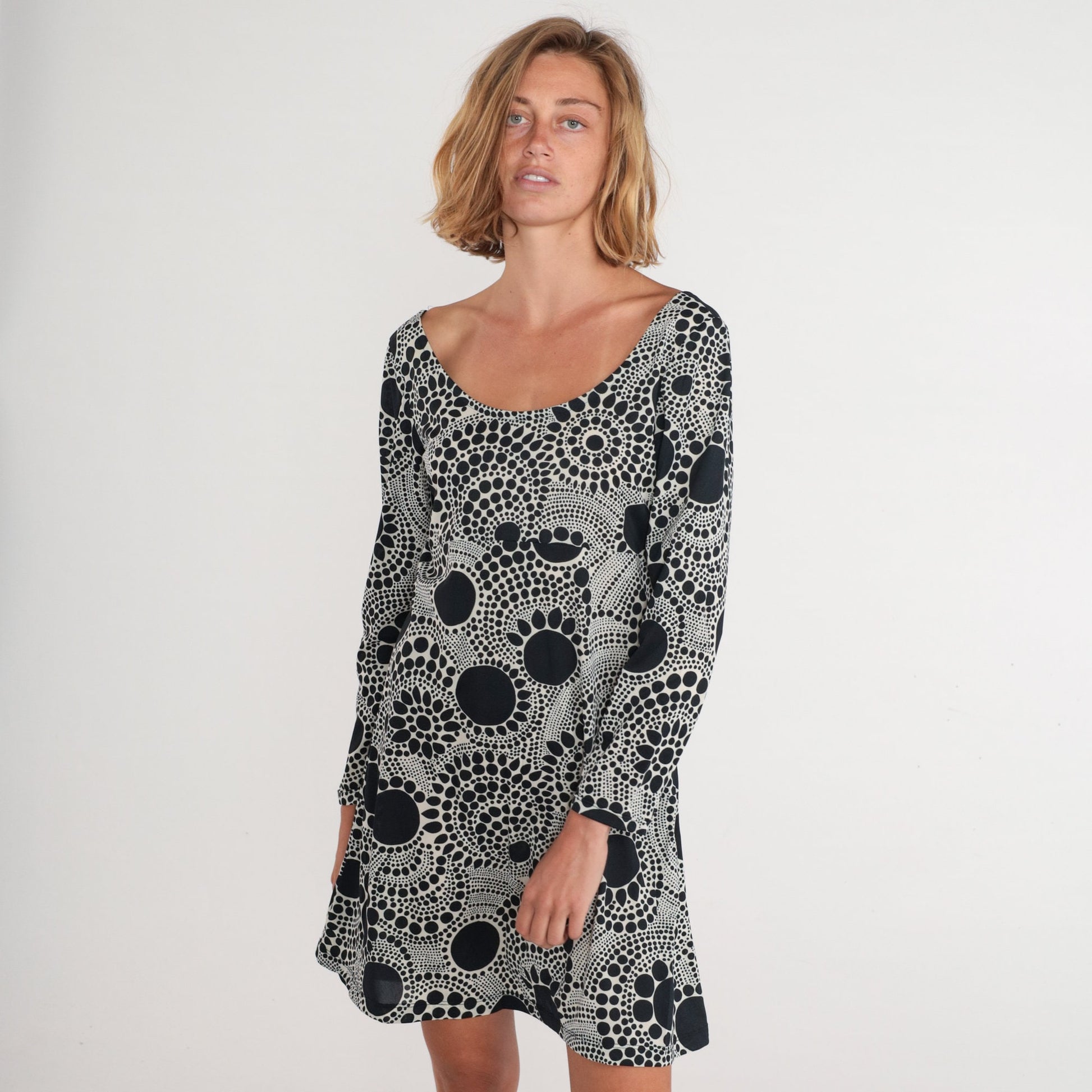 70s Mod Mini Dress Black White Abstract Dot Print Long Sleeve Medium