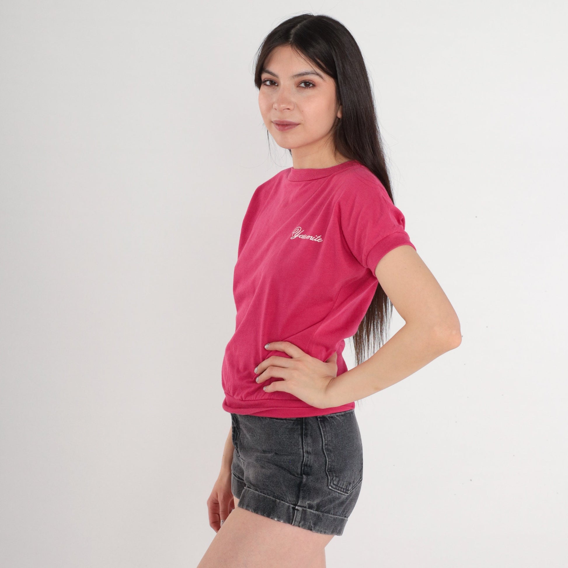 80s Yosemite National Park Embroidered T-Shirt Fuchsia Pink Banded Hem Small