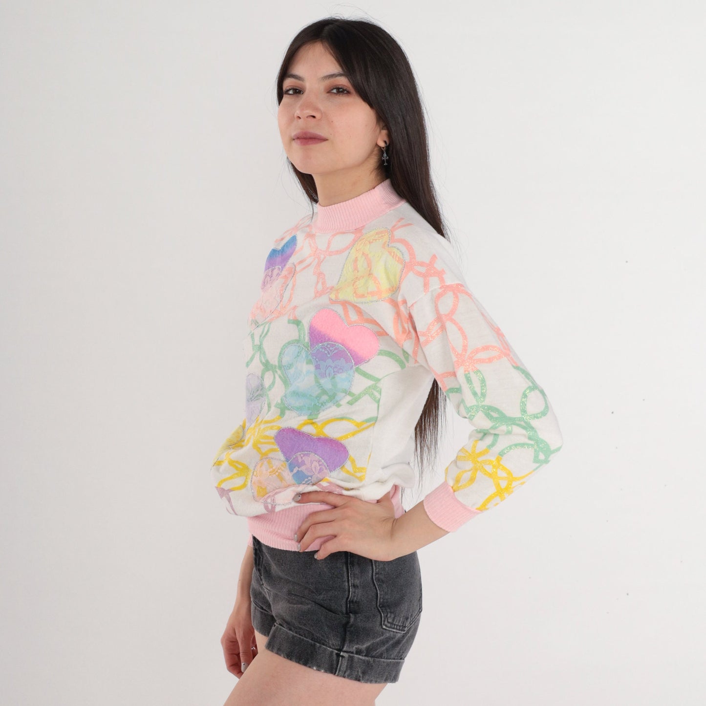 90s Glitter Heart Mock Neck Sweatshirt Floral Lace Patch White Pink Yellow Extra Small