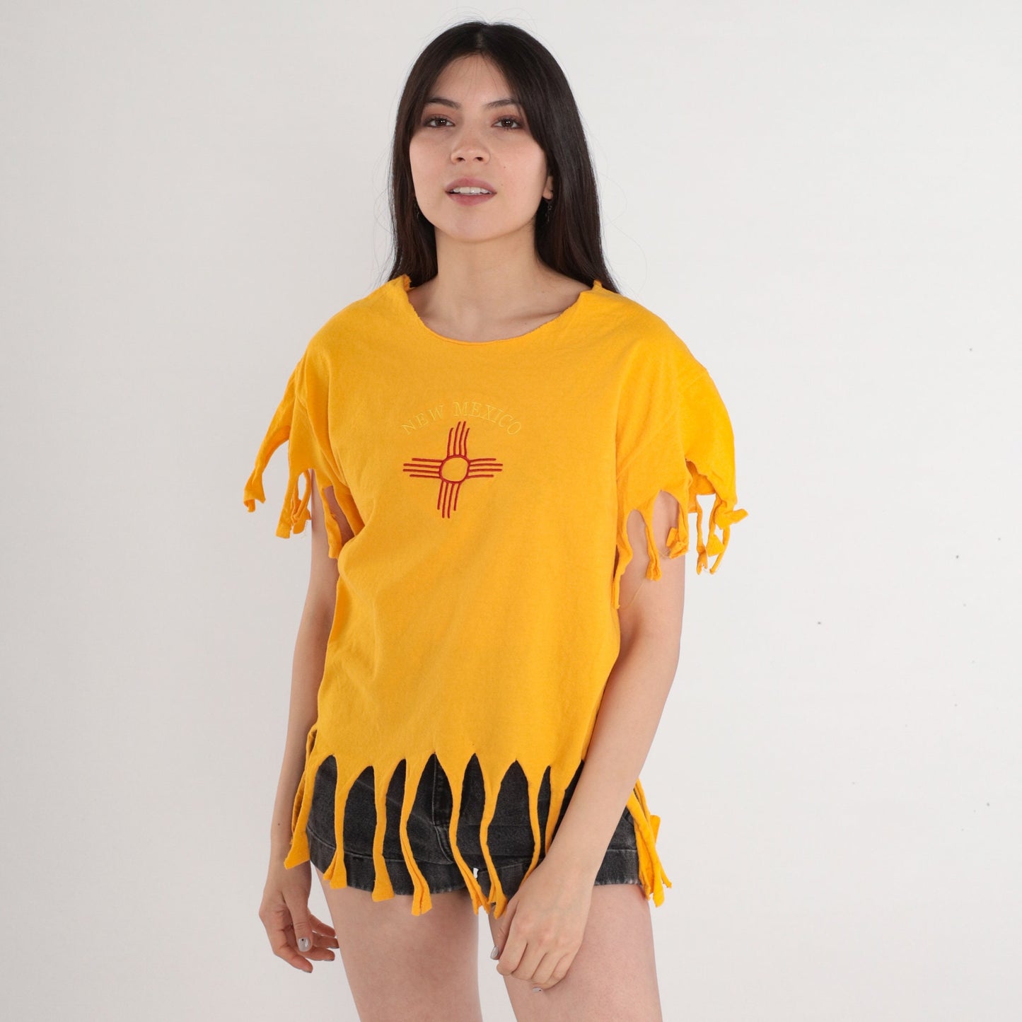 90s New Mexico Zia Graphic T-Shirt Yellow Fringe Trim Medium M