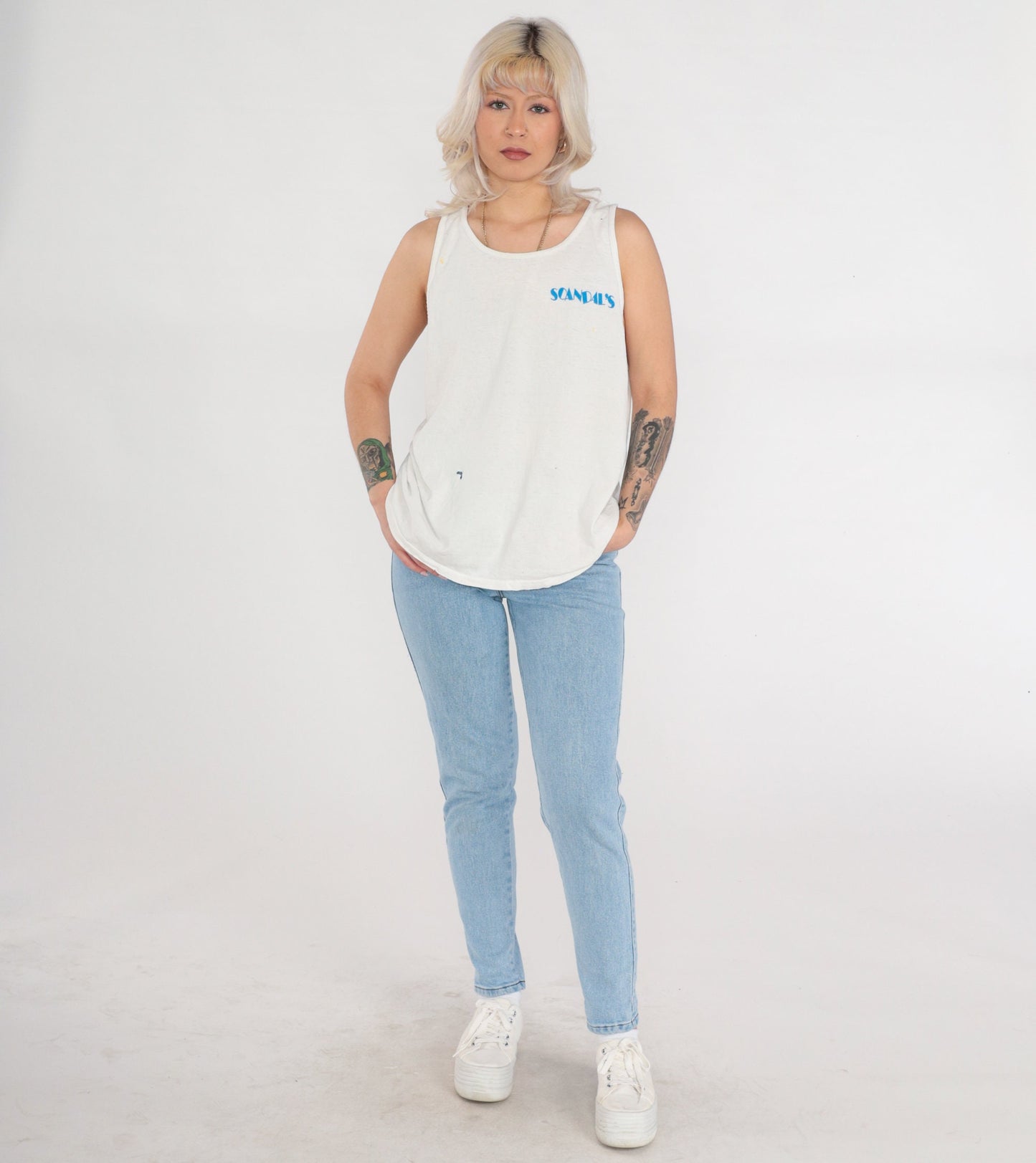 90s Scandal's Bar Eugene Oregon Tank Top Graphic Tee White Large L