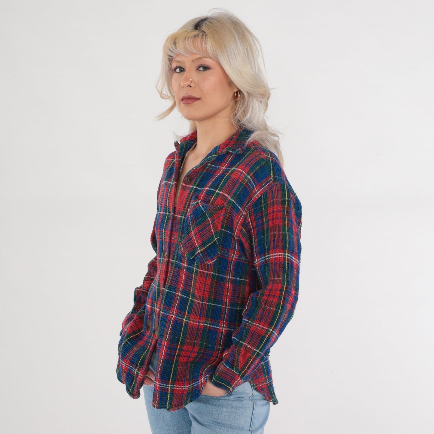 90s Boom Clothing Plaid Button Up Blouse Blue Red Checkered Cotton Small S