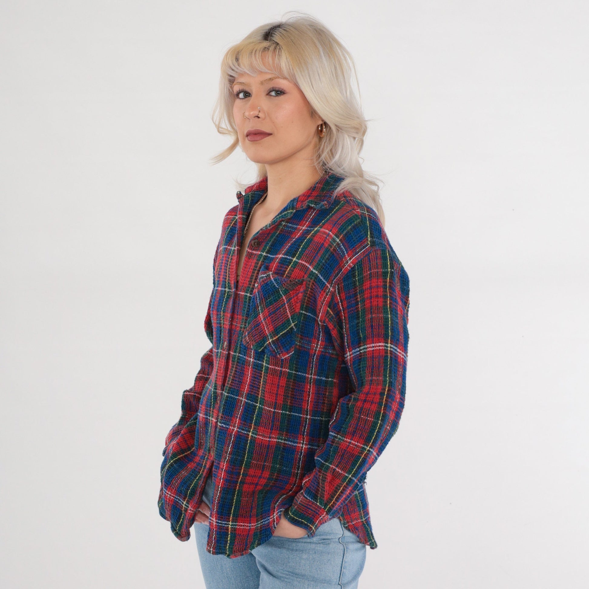 90s Boom Clothing Plaid Button Up Blouse Blue Red Checkered Cotton Small S