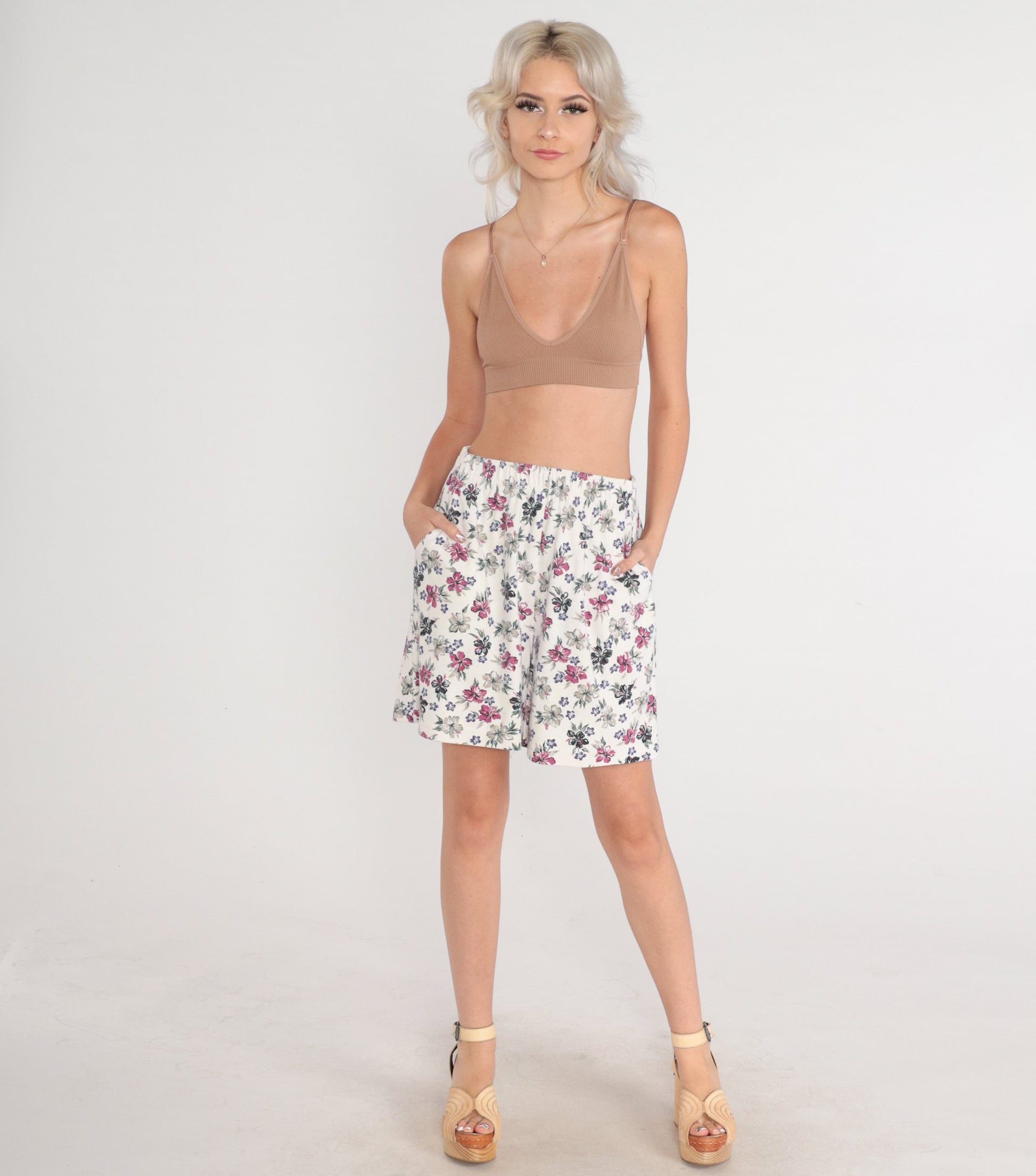 90s Hibiscus Floral Shorts White Tropical High Waist Small