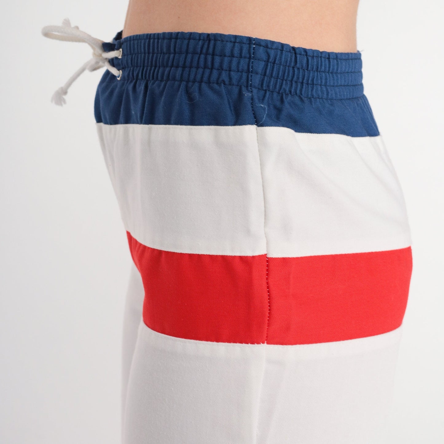 80s White Striped Track Pants Red Blue Elastic Waist Extra Small XS