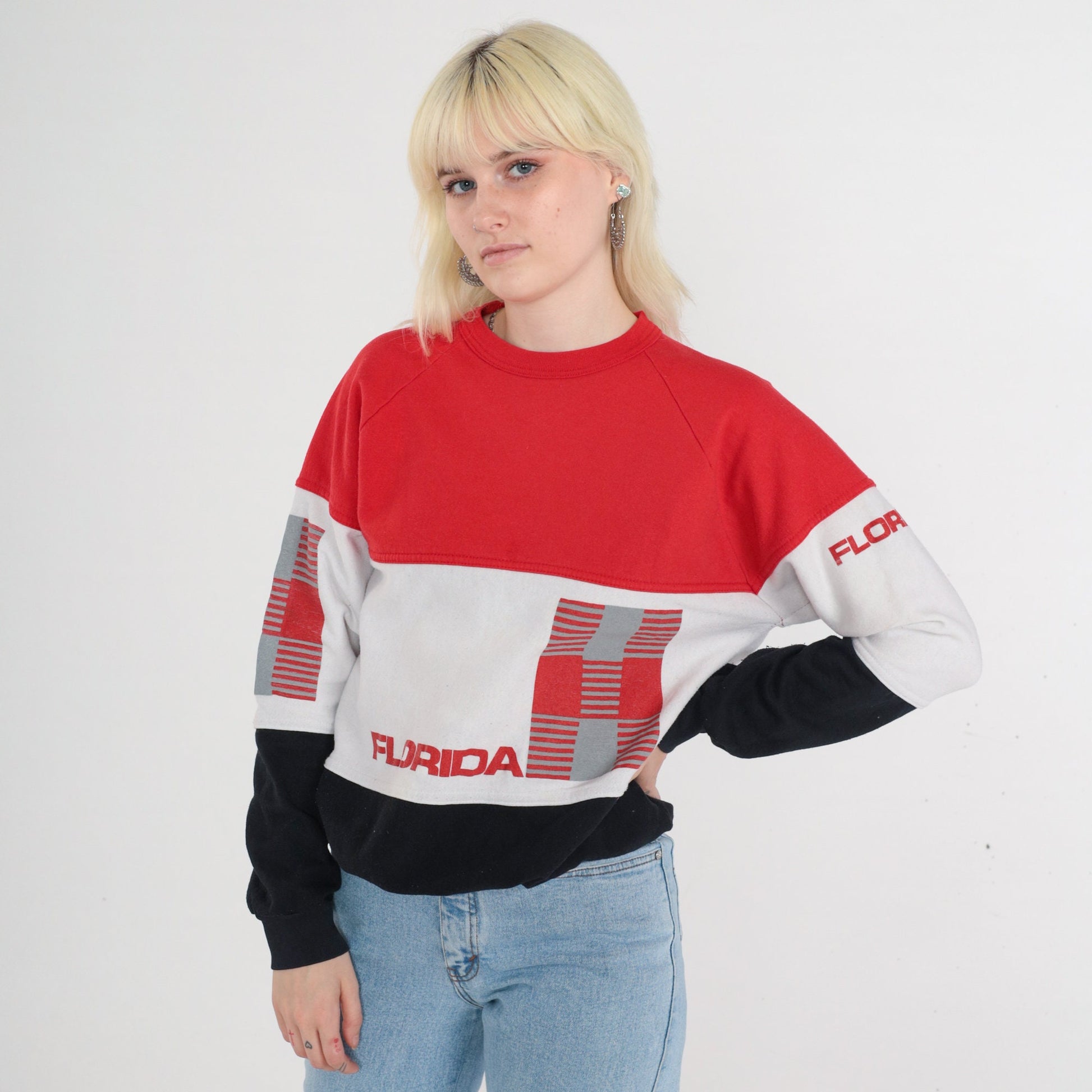 80s Florida Sweatshirt Color Block Raglan Crewneck Red White Black Large L