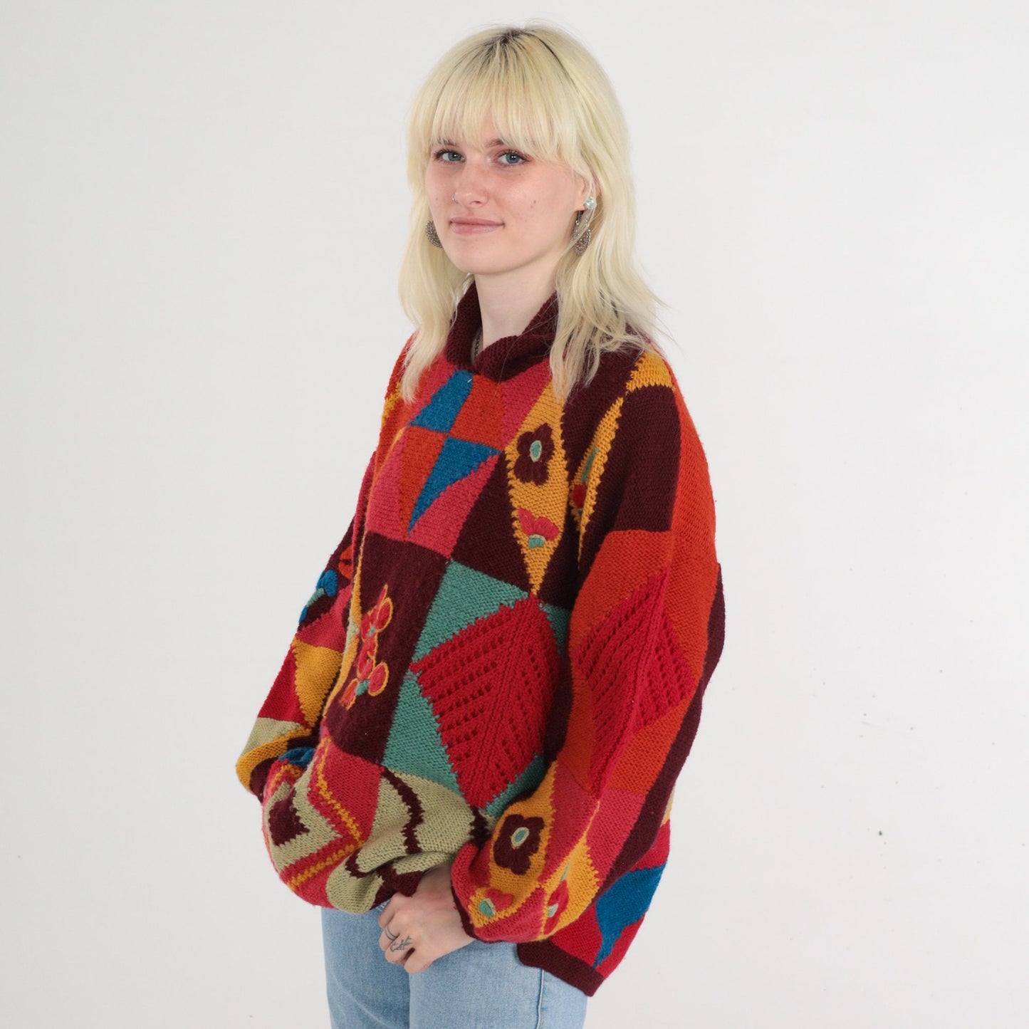80s Geometric Floral Wool Blend Pullover Sweater Knit Red Green Orange Blue Medium Large