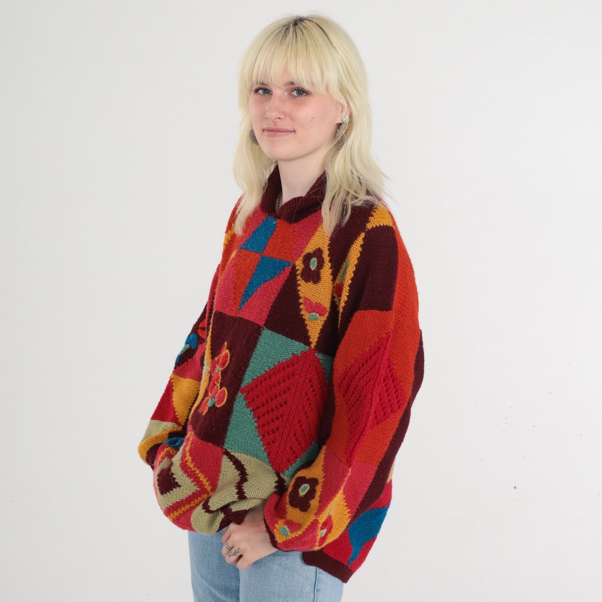 80s Geometric Floral Wool Blend Pullover Sweater Knit Red Green Orange Blue Medium Large