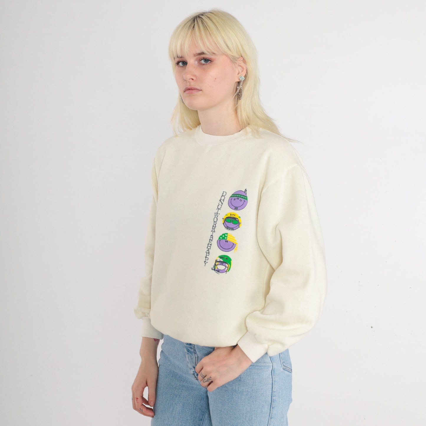 80s Smiley Face Don't Worry Be Happy Sweatshirt Cream Graphic Crewneck Large