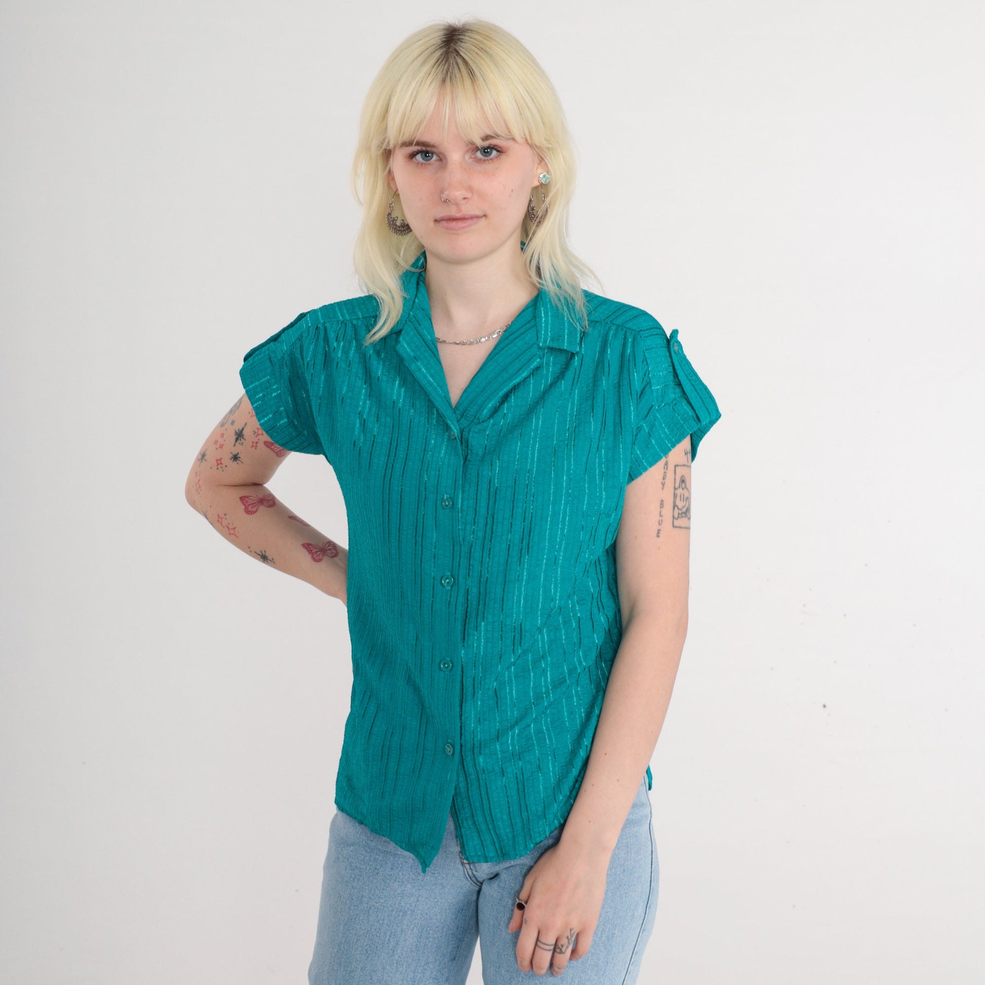 80s Teal Green Striped Button-Up Blouse Cap Sleeves V-Neck Small