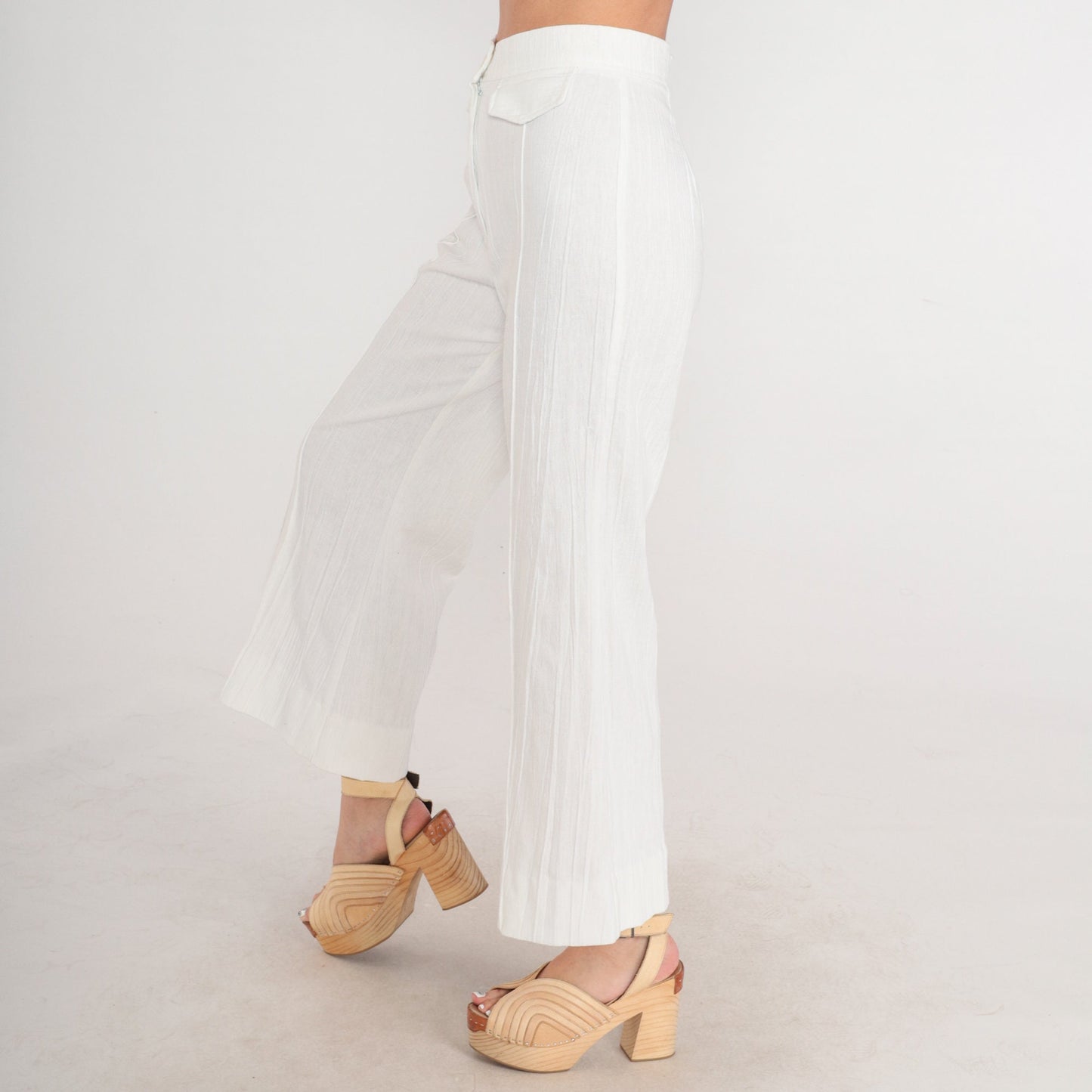 70s White Crinkled High-Rise Wide-Leg Trousers Pleated Straight Leg XS